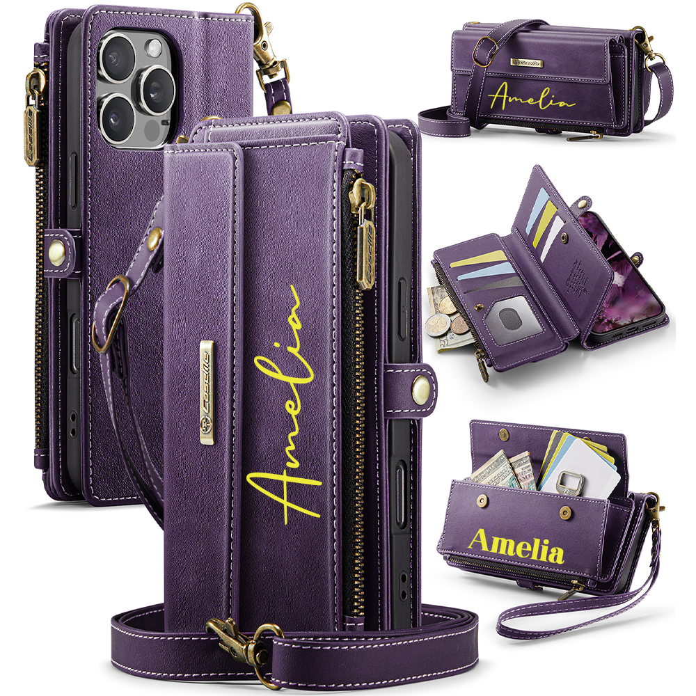 Personalised Monogram Card Holder Zipper Wallet Crossbody Phone Case f