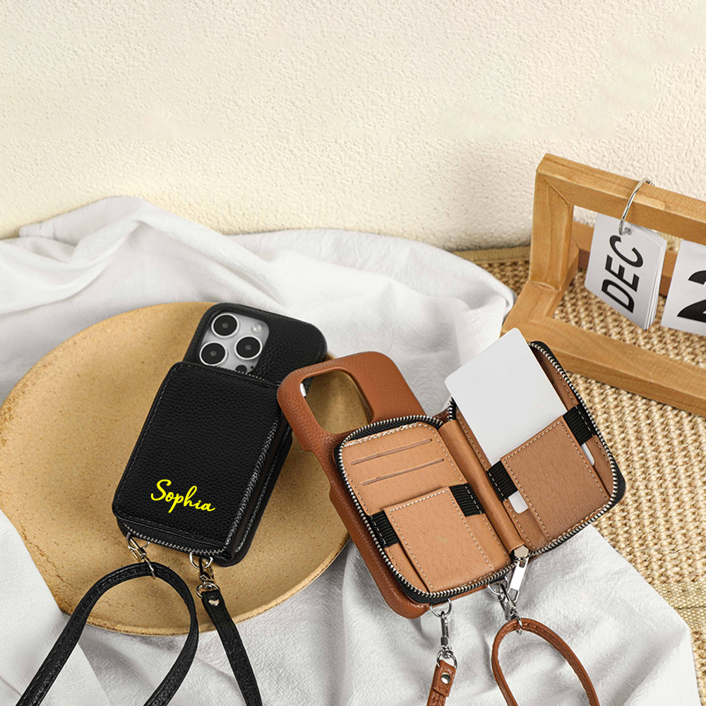 Personalized Leather Card Slot Phone Case with Crossbody Strap | OFCase143