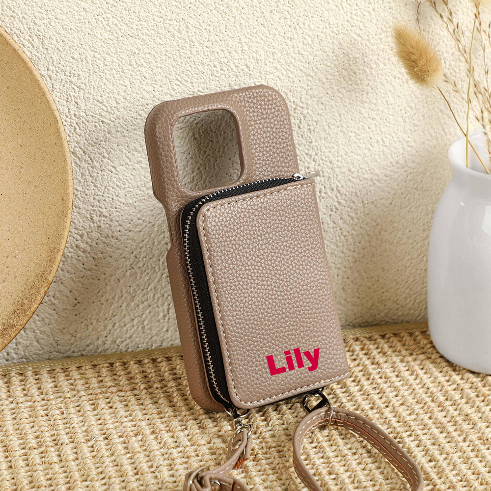 Personalized Leather Card Slot Phone Case with Crossbody Strap | OFCase143