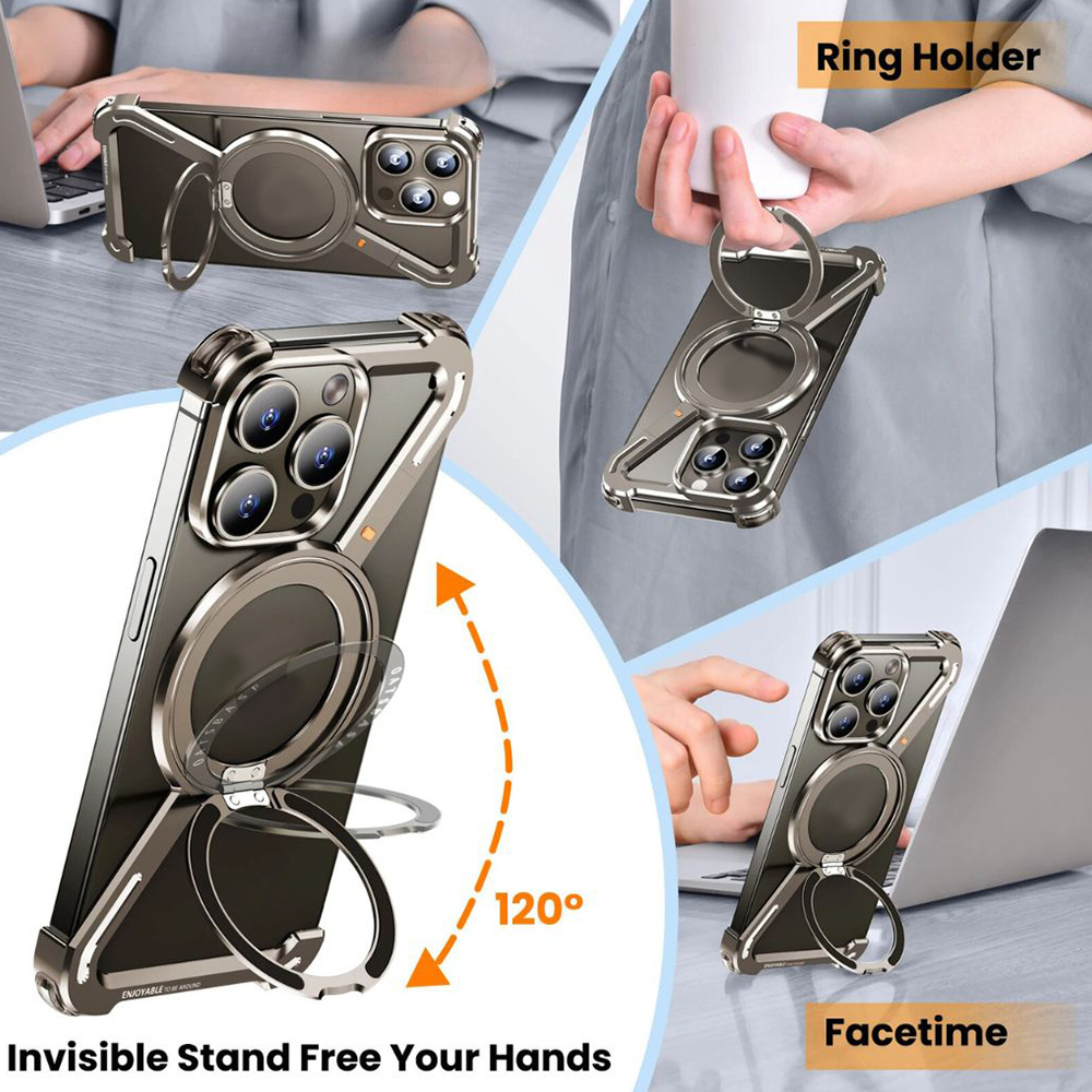 360° Rotation Kickstand MagSafe Aluminum Metal Frameless Z Design Bumper Phone Case for iPhone & Samsung Phone | OFCase158