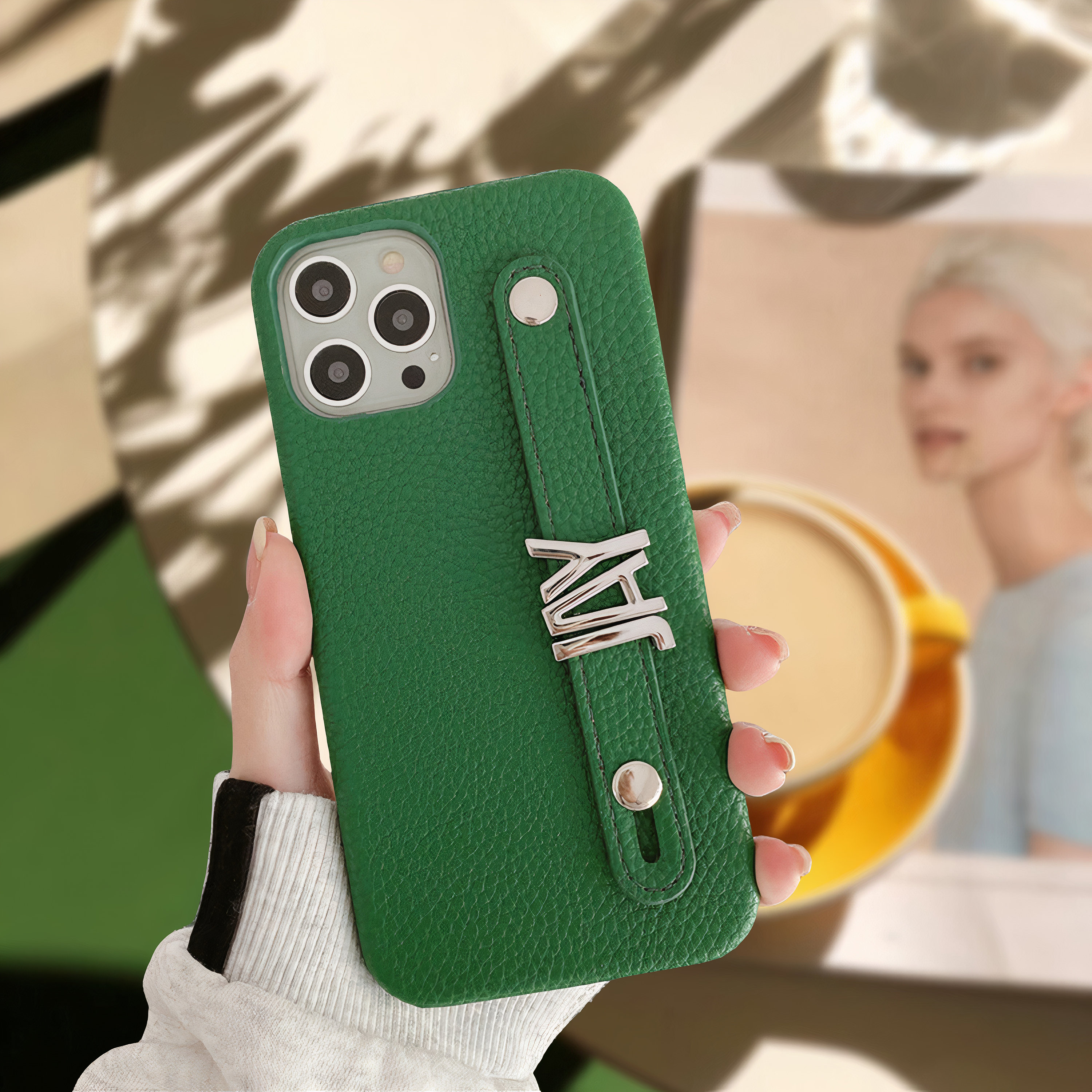 Personalized Monogram Leather Phone Case with Strap Gold Letters | OFCase095