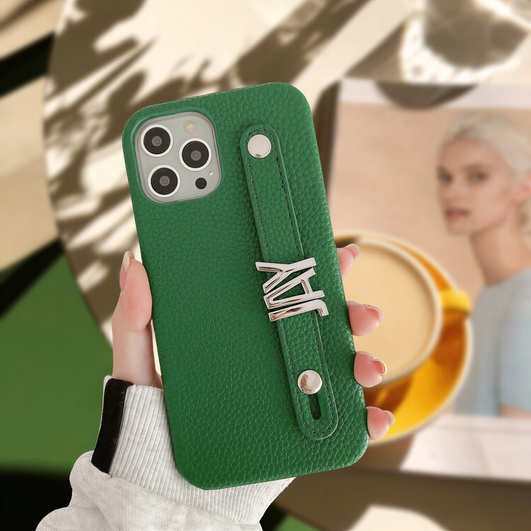 Personalized Monogram Leather Phone Case with Strap Gold Letters | OFCase095