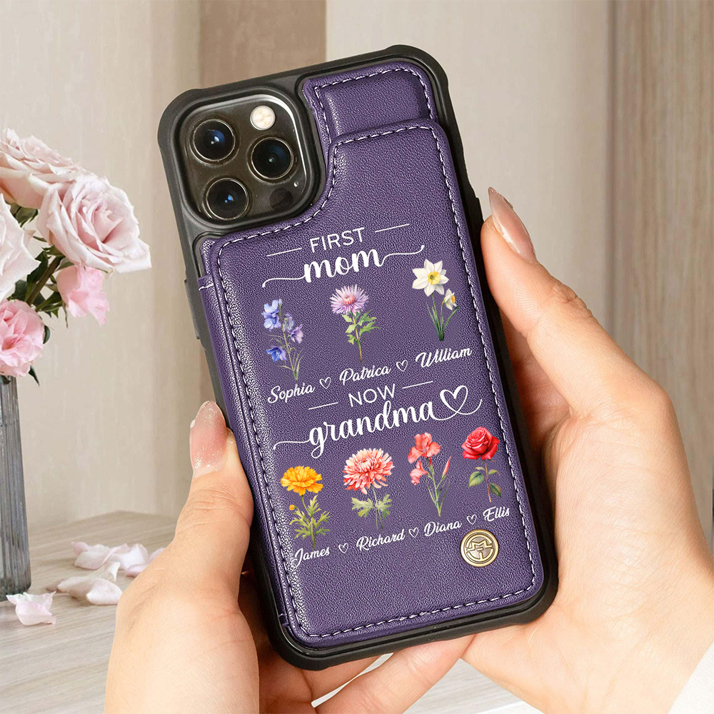Personalized First Mom Now Grandma Leather Wallet Phone Case for iPhone & Samsung | OFCase152