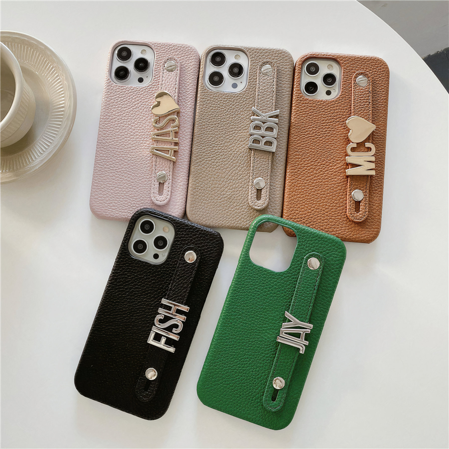 Personalized Monogram Leather Phone Case with Strap Gold Letters | OFCase095