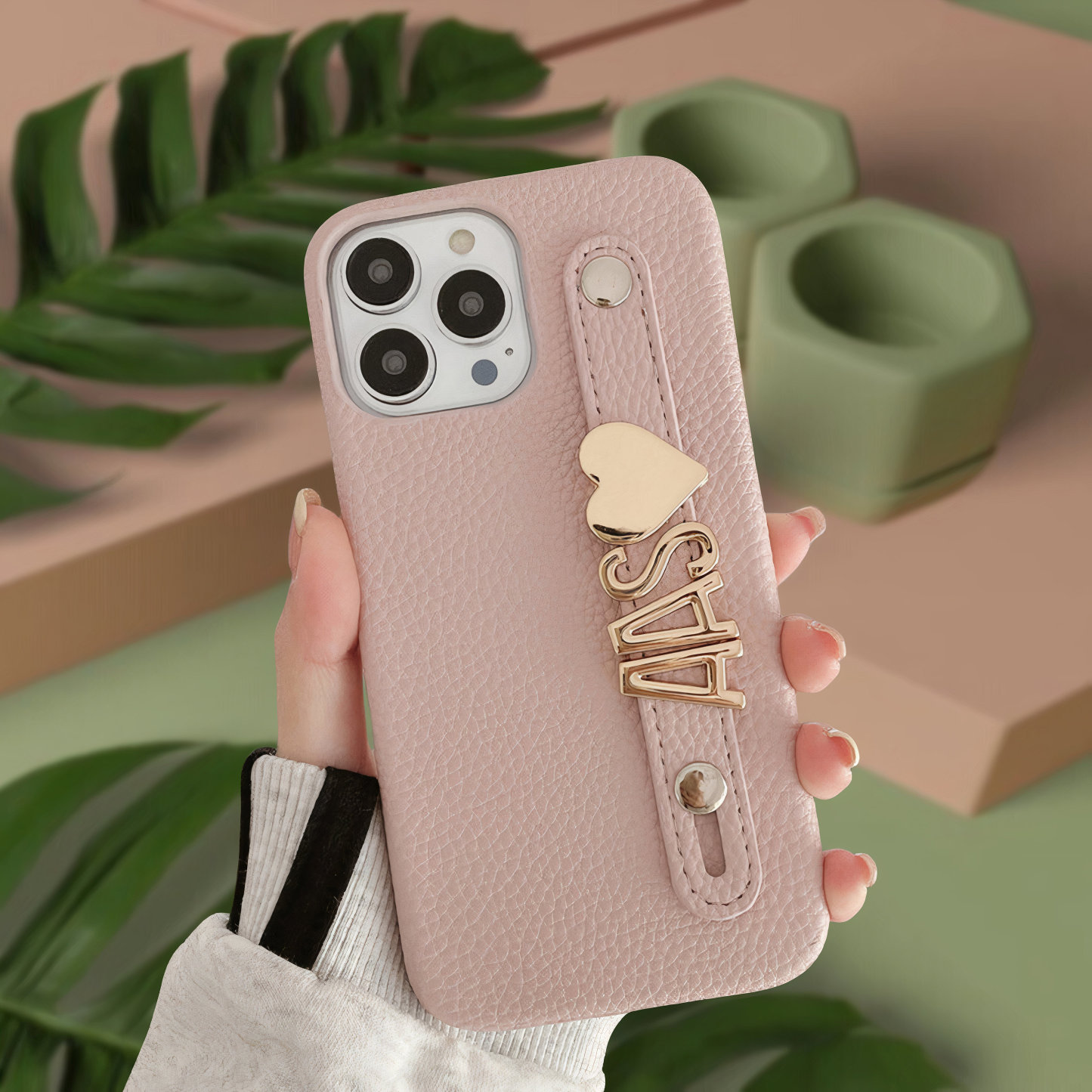 Personalized Monogram Leather Phone Case with Strap Gold Letters | OFCase095