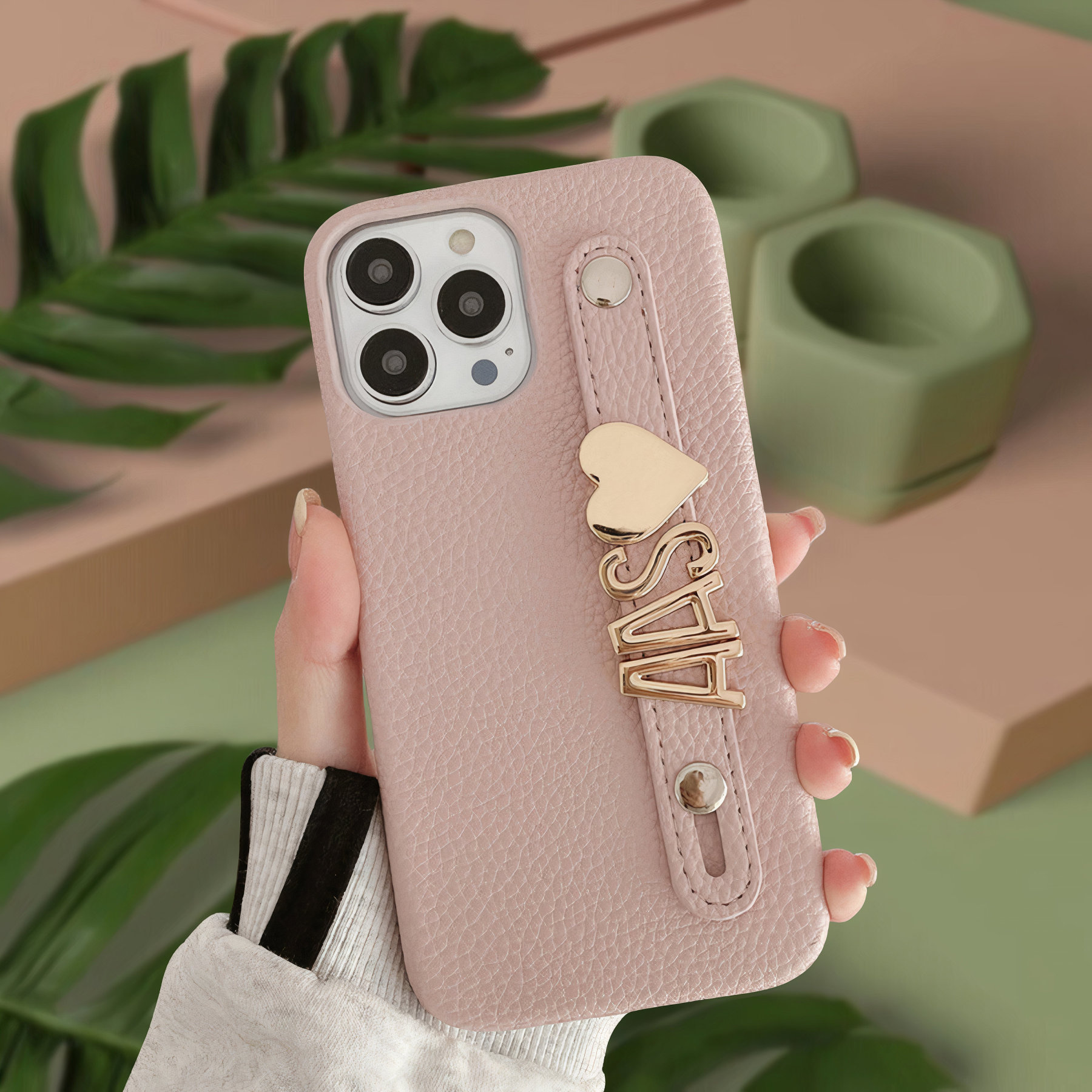 Personalized Monogram Leather Phone Case with Strap Gold Letters | OFCase095