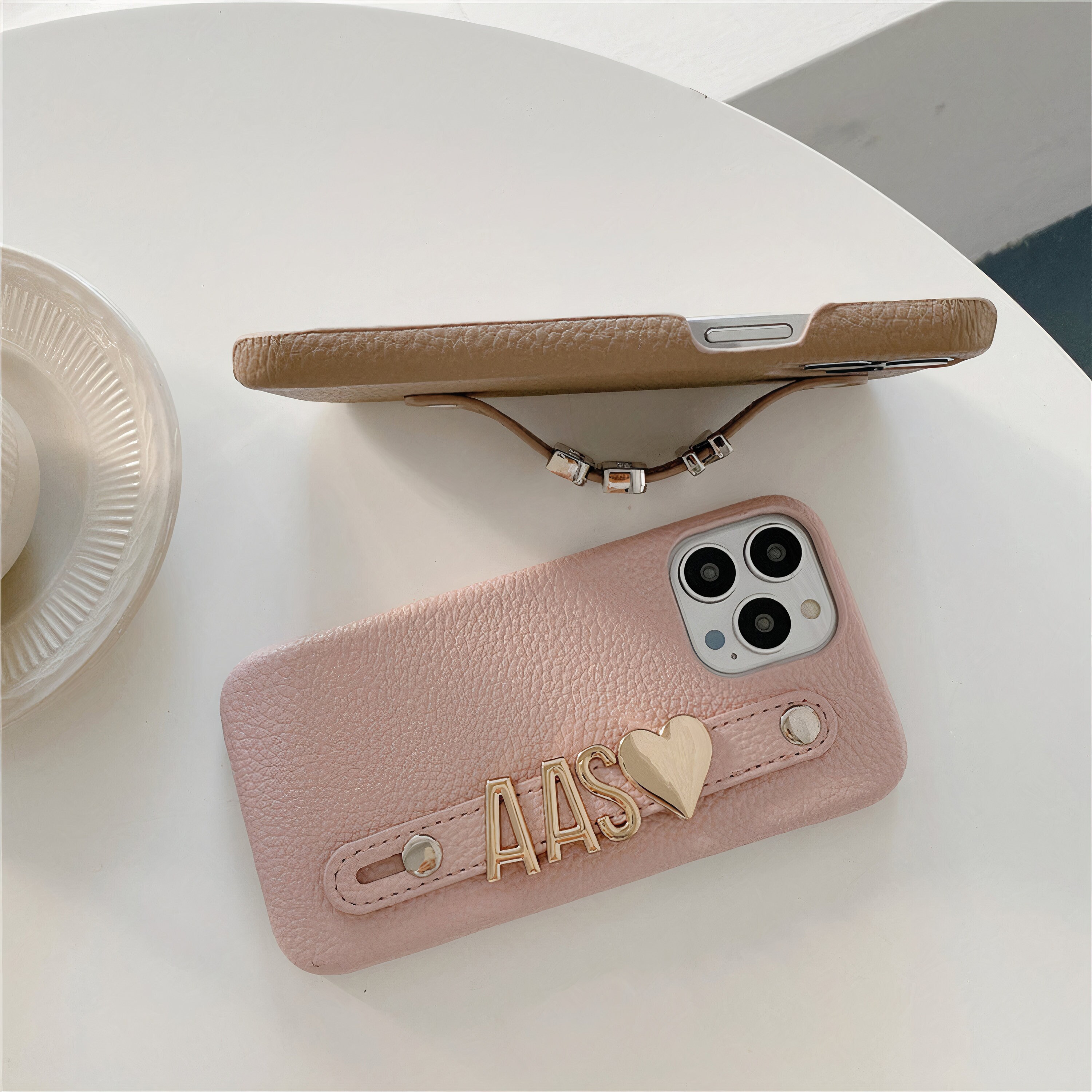 Personalized Monogram Leather Phone Case with Strap Gold Letters | OFCase095