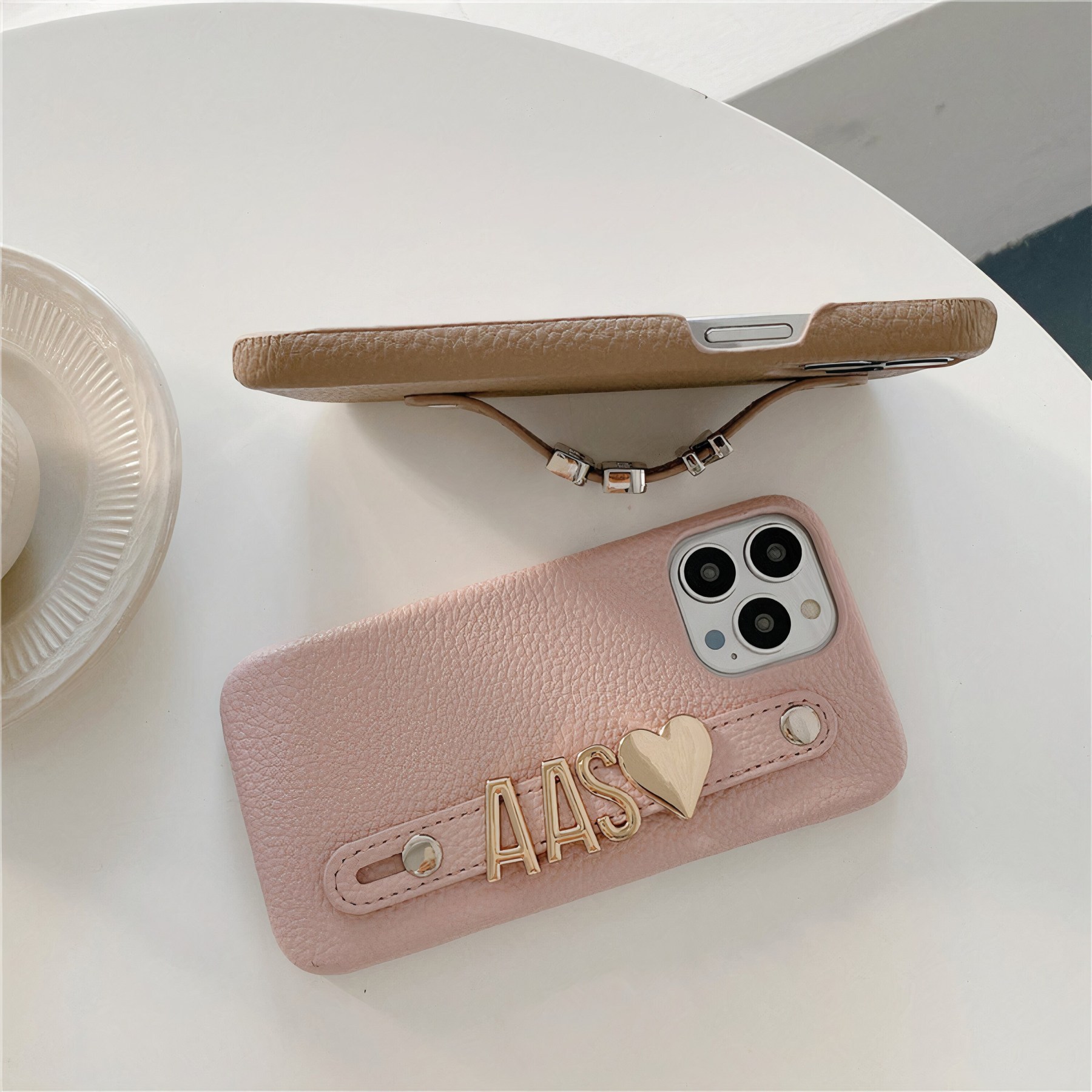 Personalized Monogram Leather Phone Case with Strap Gold Letters | OFCase095