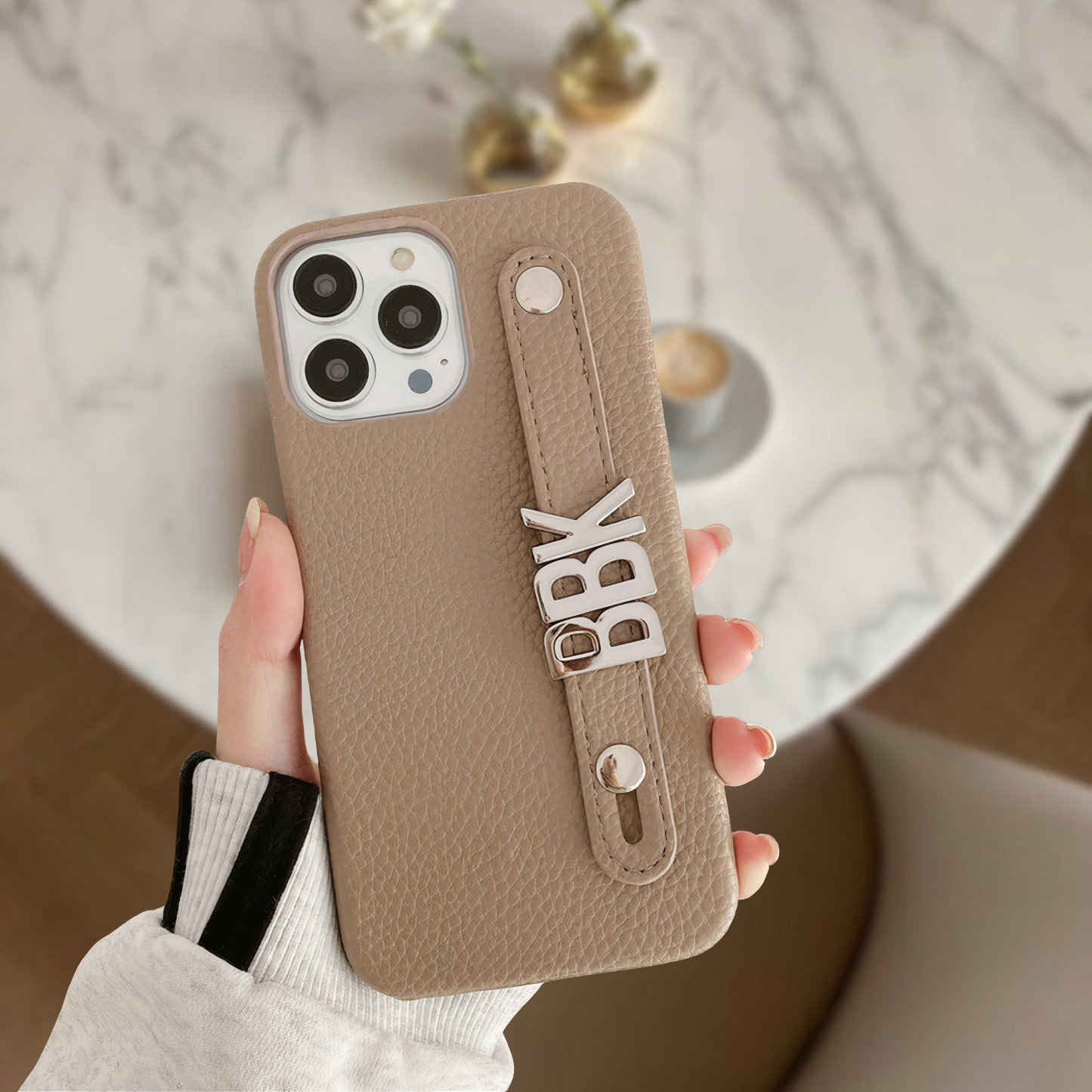Personalized Monogram Leather Phone Case with Strap Gold Letters | OFCase095