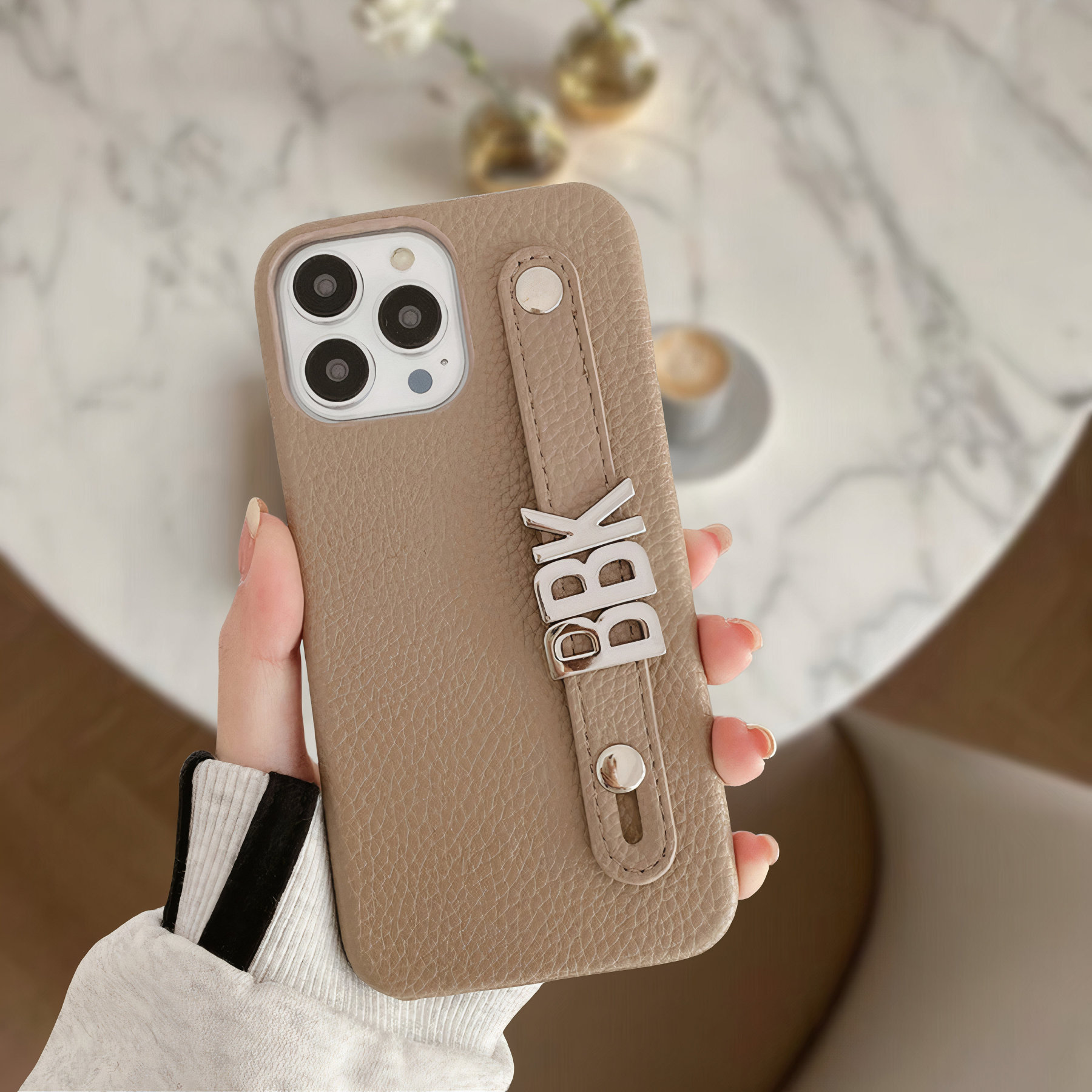 Personalized Monogram Leather Phone Case with Strap Gold Letters | OFCase095