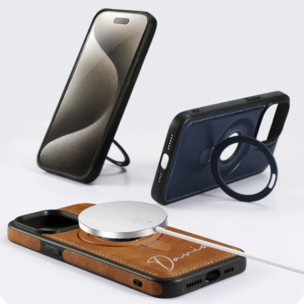 Personalized Leather Monogram Magnetic Phone Case with Magsafe & Kickstand | OFCase145