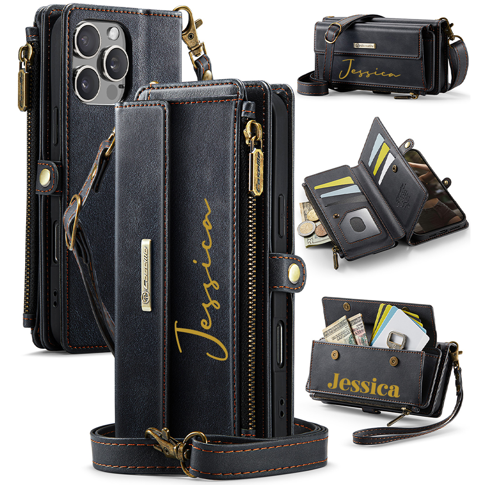 Personalised Monogram Card Holder Zipper Wallet Crossbody Phone Case for iPhone & Samsung | OFCase153