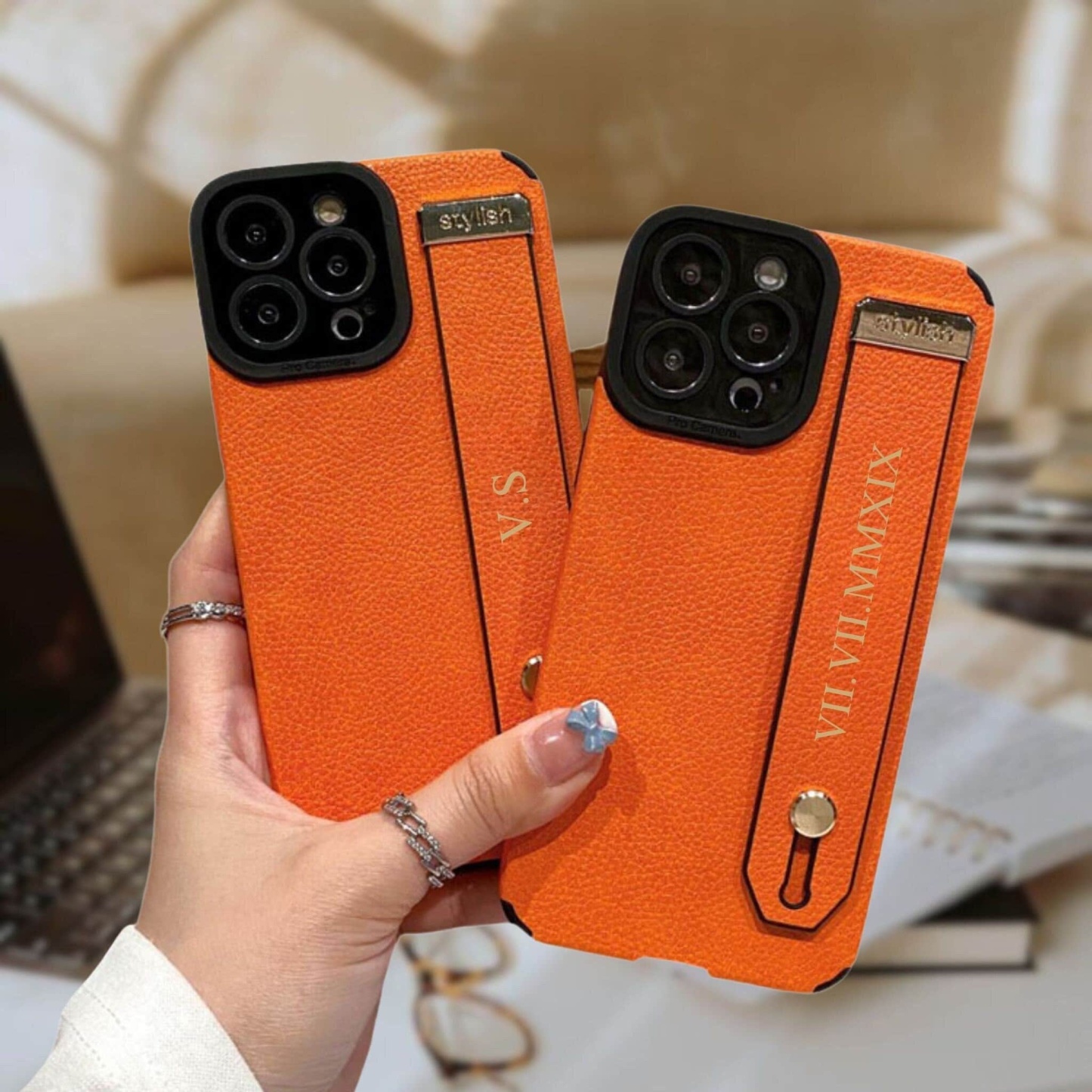 Personalised Monogram Name Leather Phone Case with Hand Strap | OFCase090