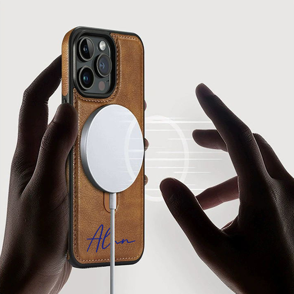 Personalized Leather Monogram Magnetic Phone Case with Magsafe & Kickstand | OFCase145