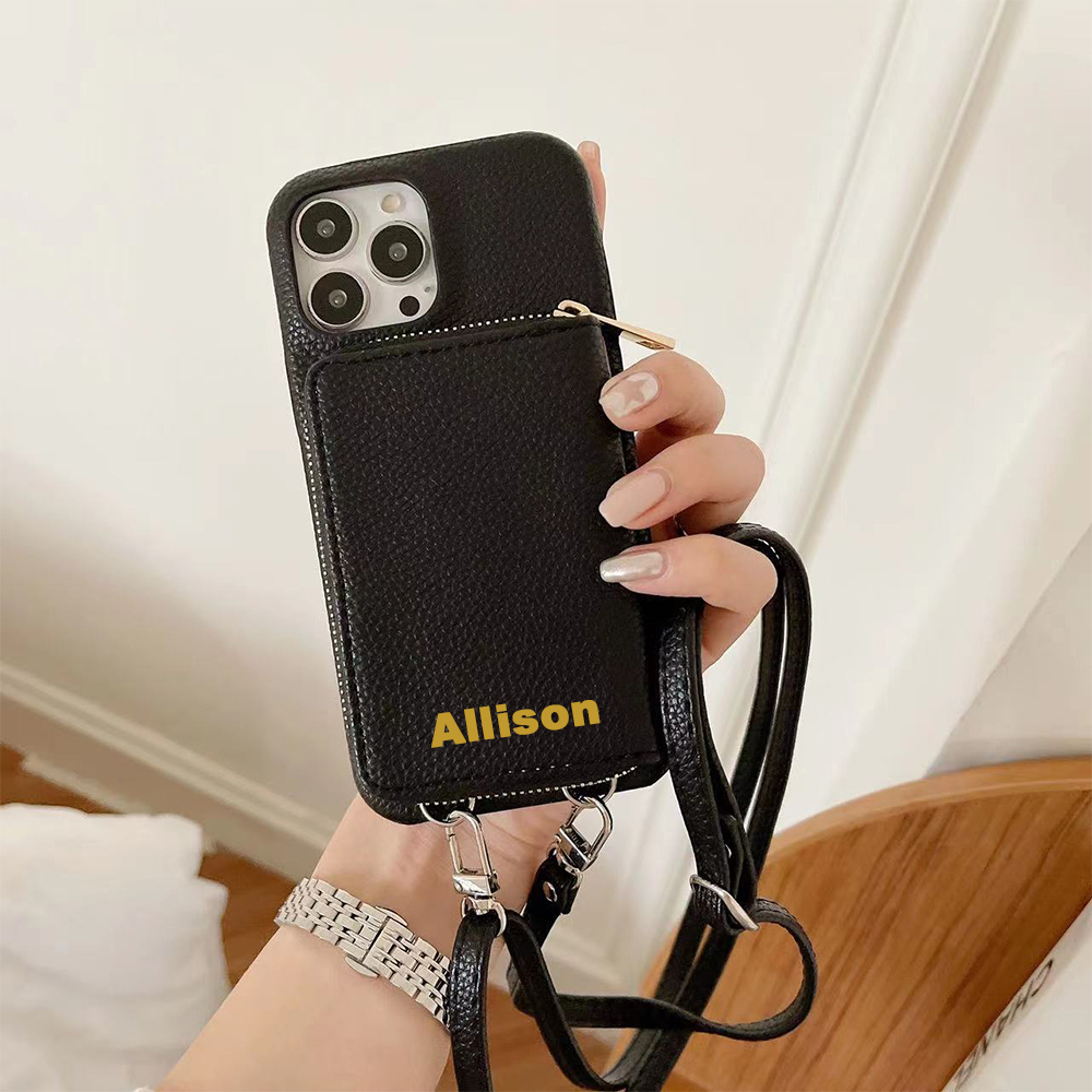 Personalized Leather Card Slot Phone Case with Crossbody Strap | OFCas