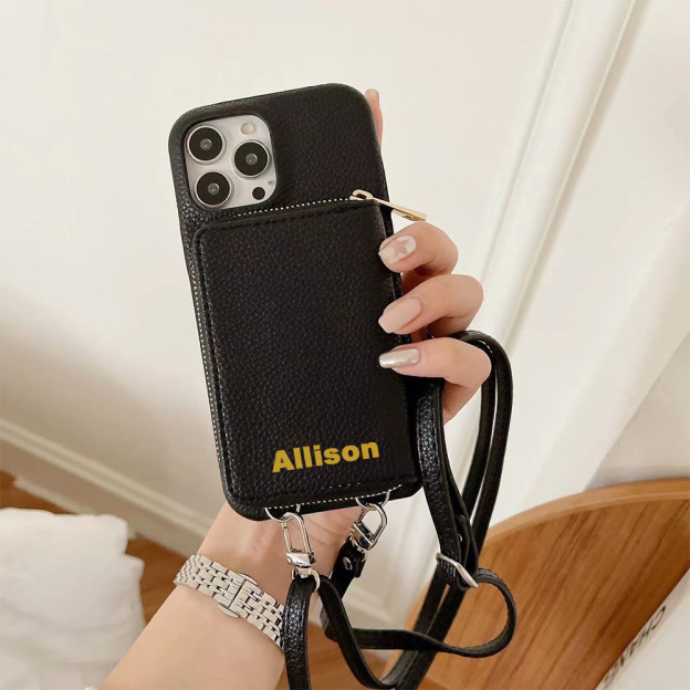 Personalized Leather Card Slot Phone Case with Crossbody Strap | OFCase143