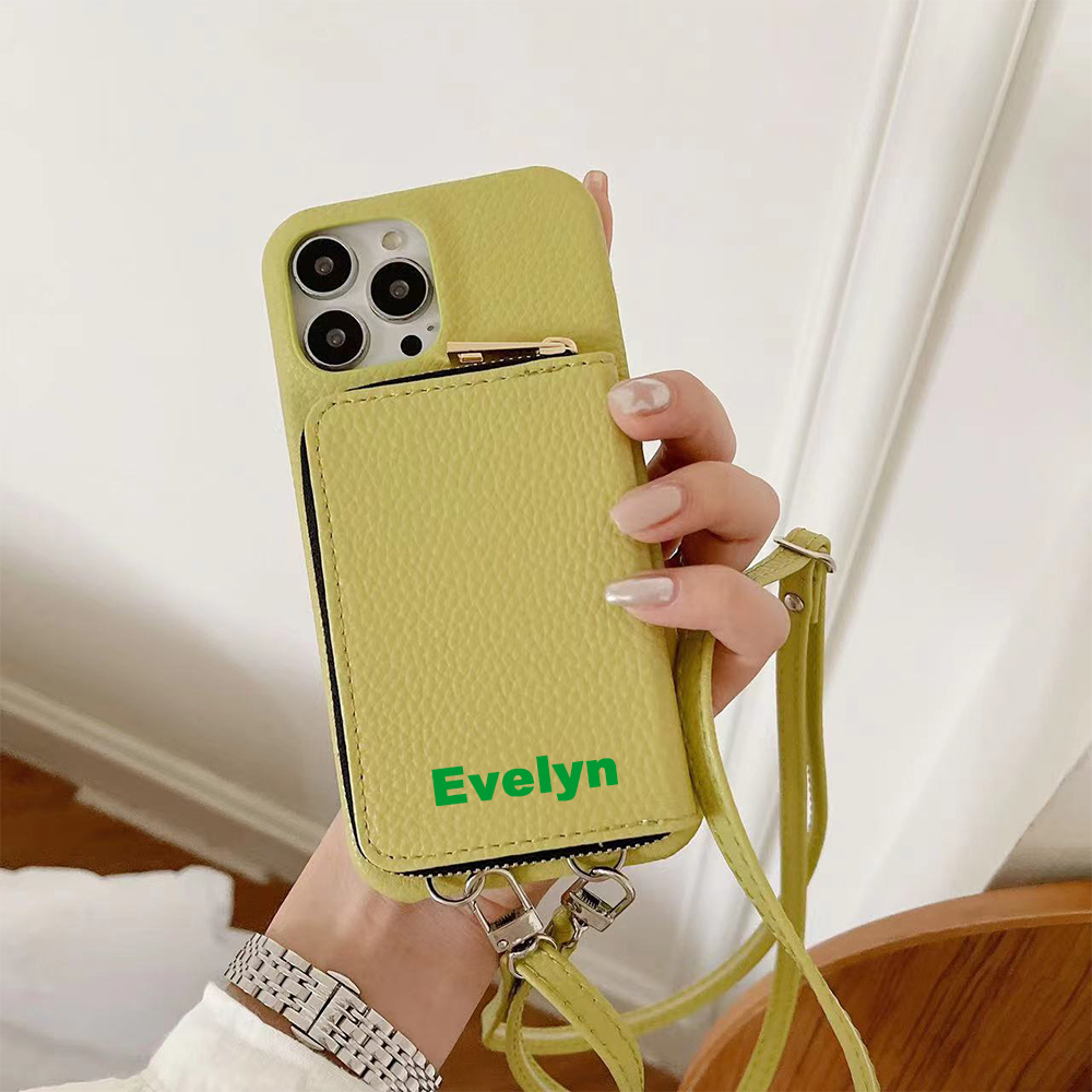 Personalized Leather Card Slot Phone Case with Crossbody Strap | OFCase143