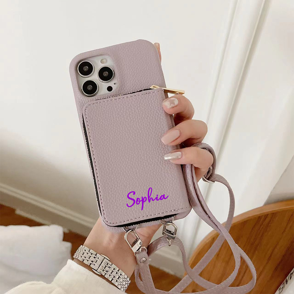 Personalized Leather Card Slot Phone Case with Crossbody Strap | OFCase143