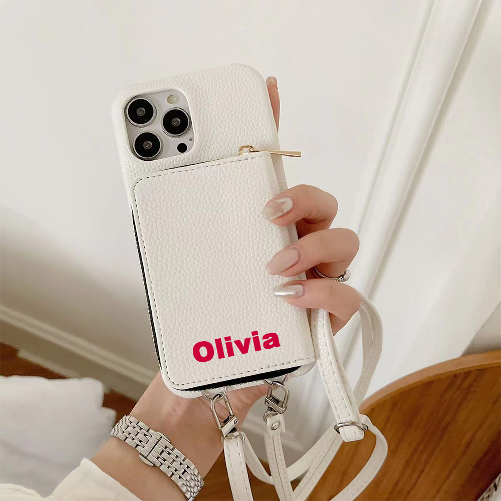 Personalized Leather Card Slot Phone Case with Crossbody Strap | OFCase143
