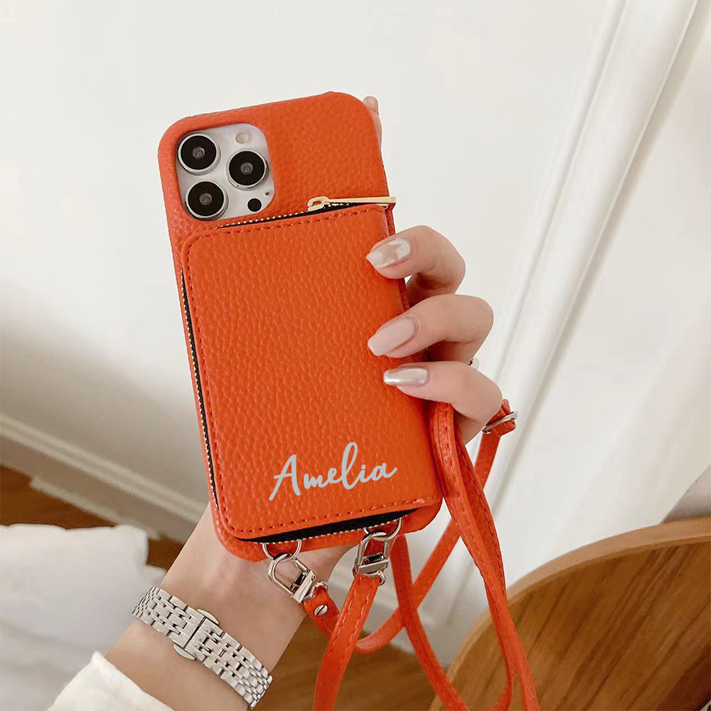 Personalized Leather Card Slot Phone Case with Crossbody Strap | OFCase143