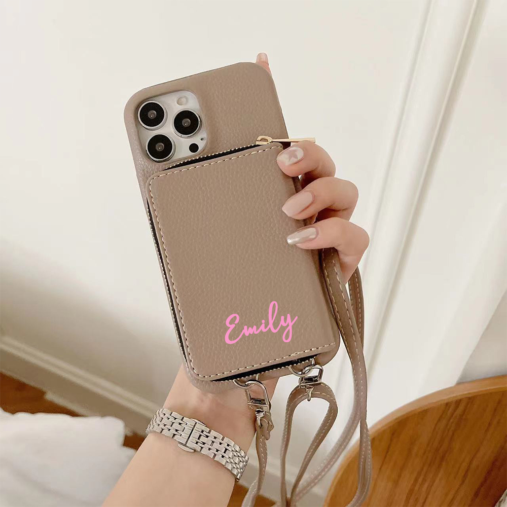 Personalized Leather Card Slot Phone Case with Crossbody Strap | OFCase143