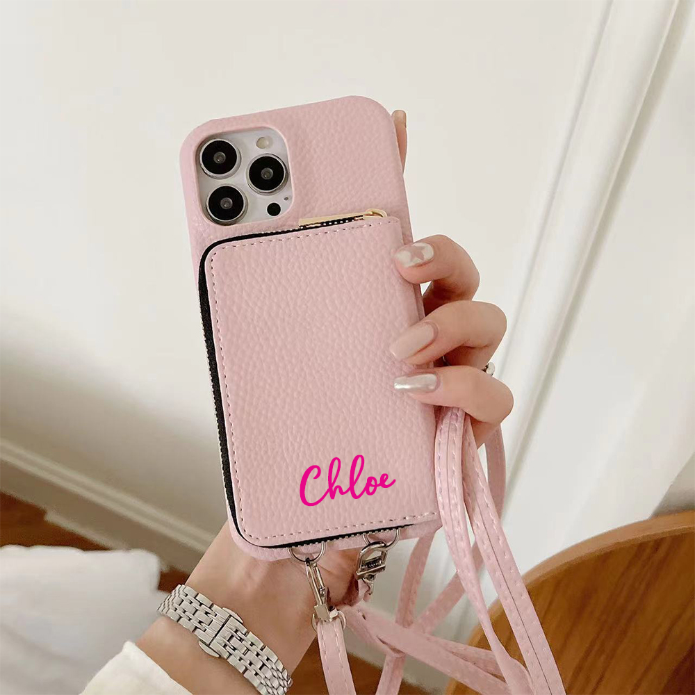Personalized Leather Card Slot Phone Case with Crossbody Strap | OFCase143