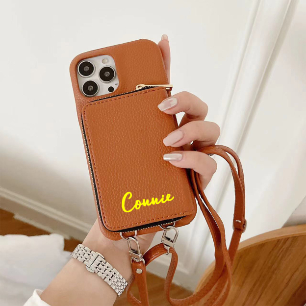 Personalized Leather Card Slot Phone Case with Crossbody Strap | OFCase143