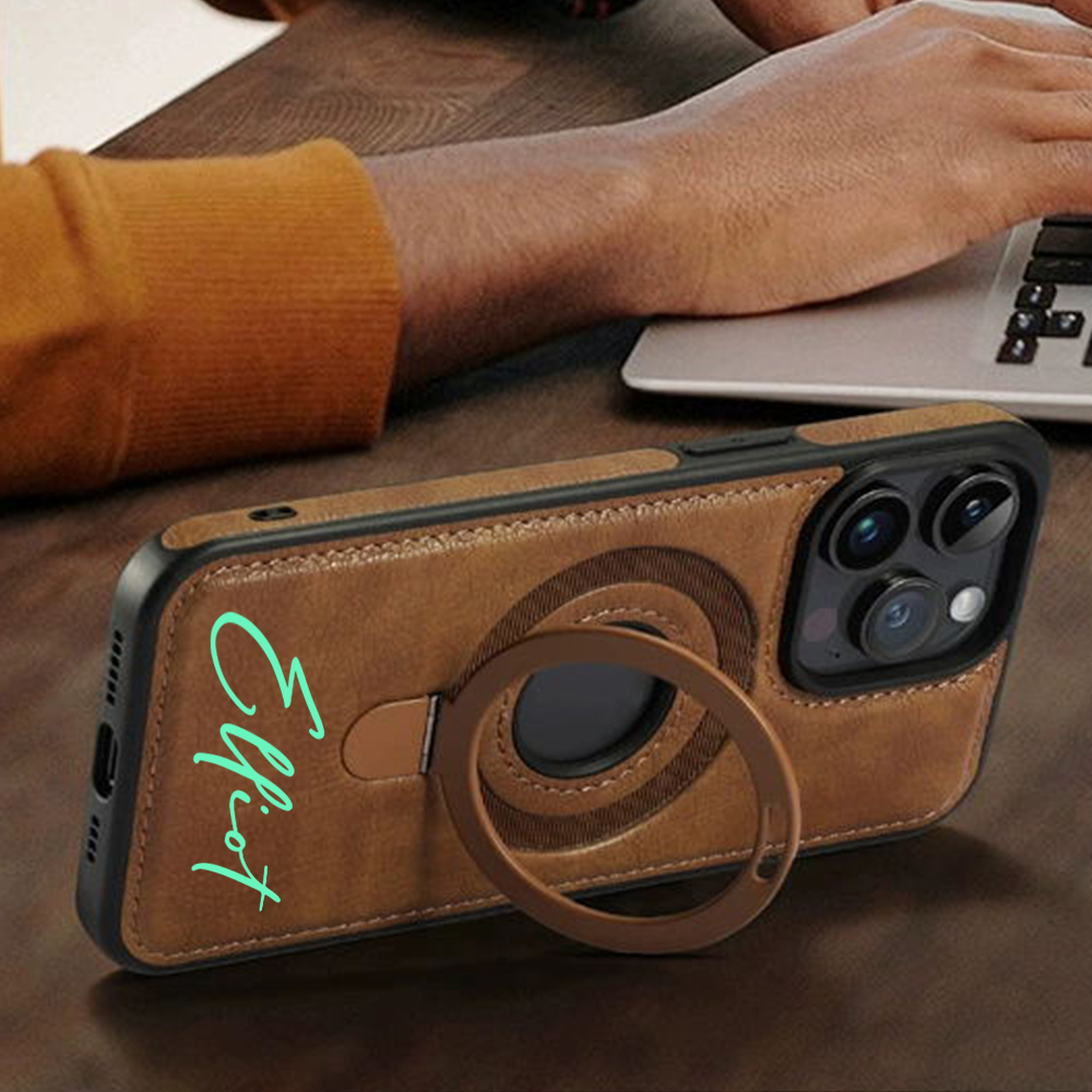 Personalized Leather Monogram Magnetic Phone Case with Magsafe & Kickstand | OFCase145