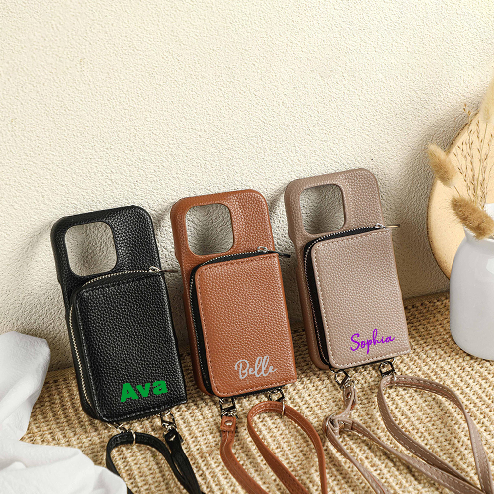 Personalized Leather Card Slot Phone Case with Crossbody Strap | OFCase143
