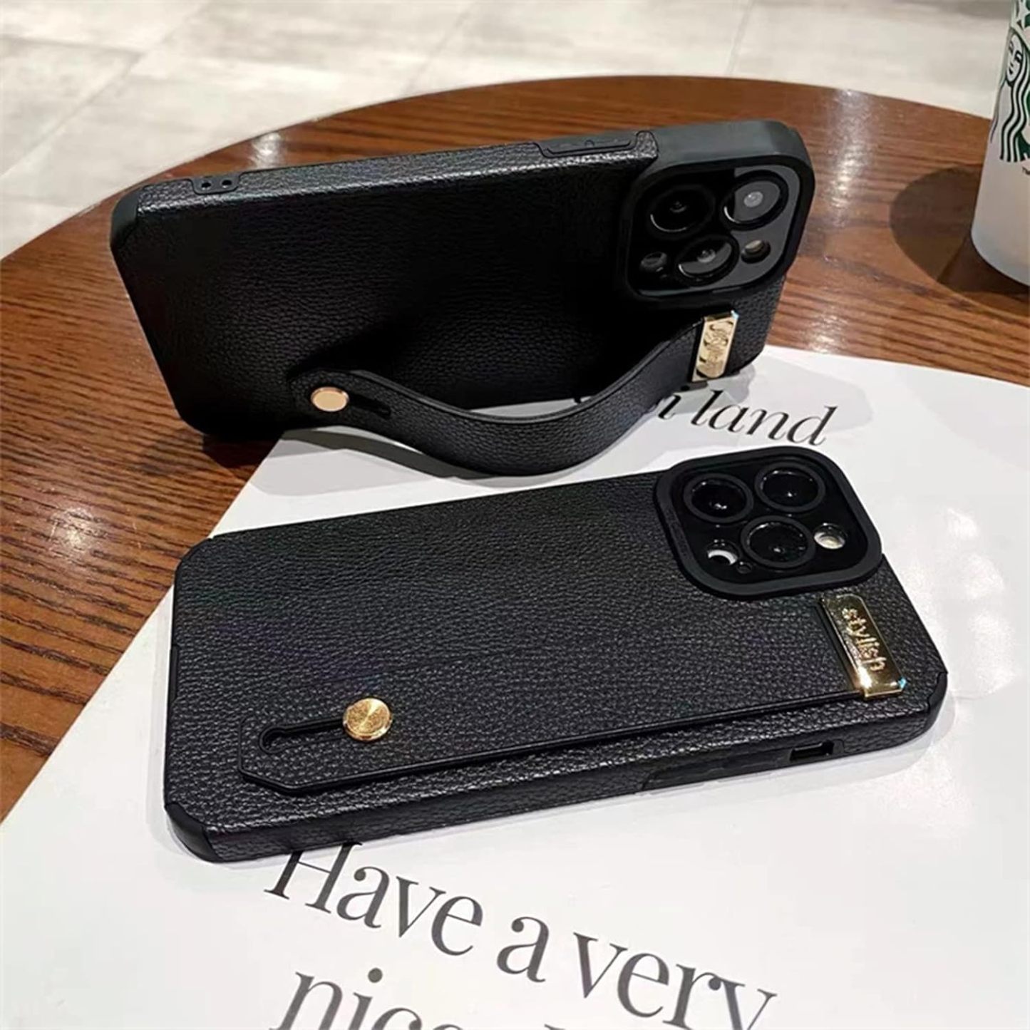 Personalised Monogram Name Leather Phone Case with Hand Strap | OFCase090