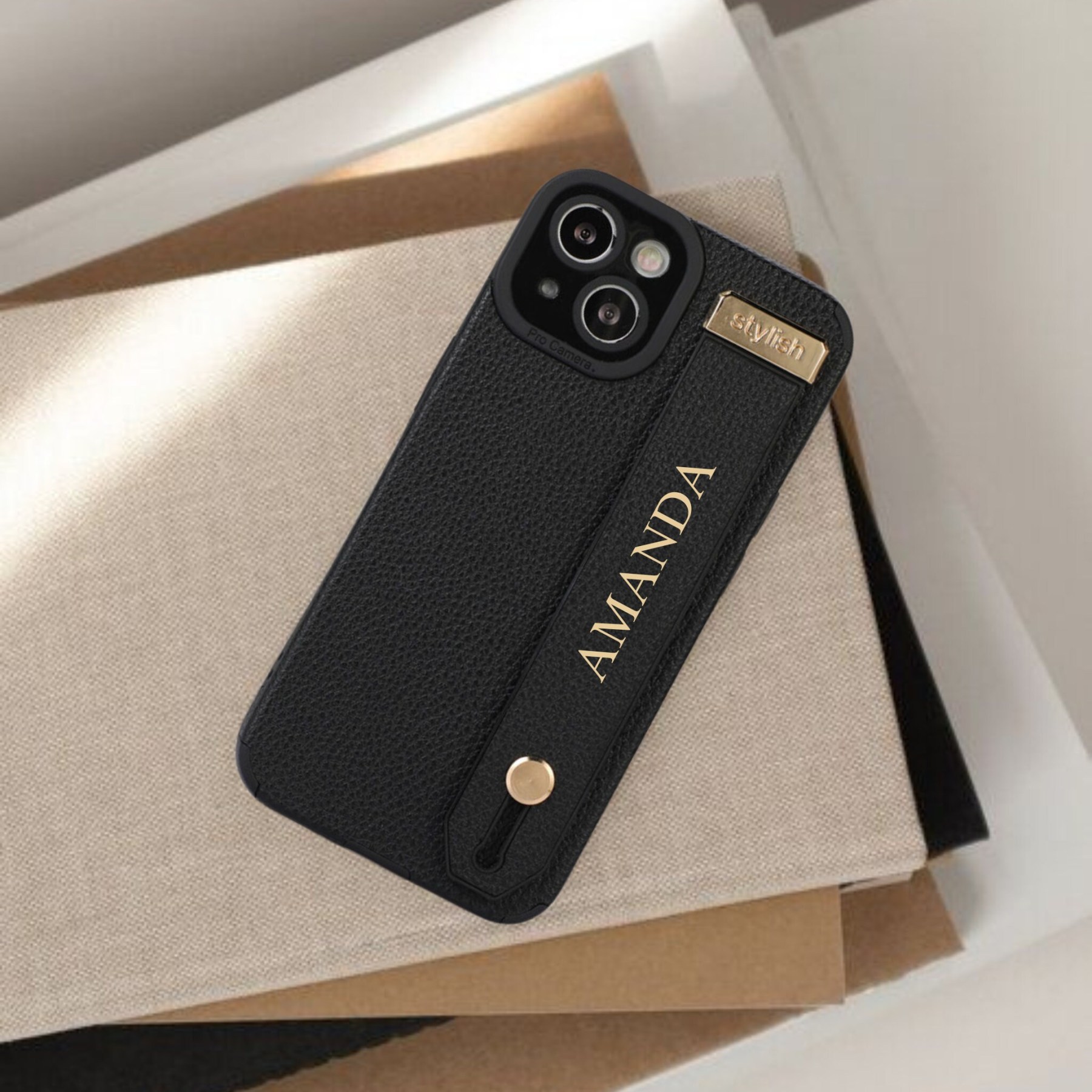 Personalised Monogram Name Leather Phone Case with Hand Strap | OFCase090