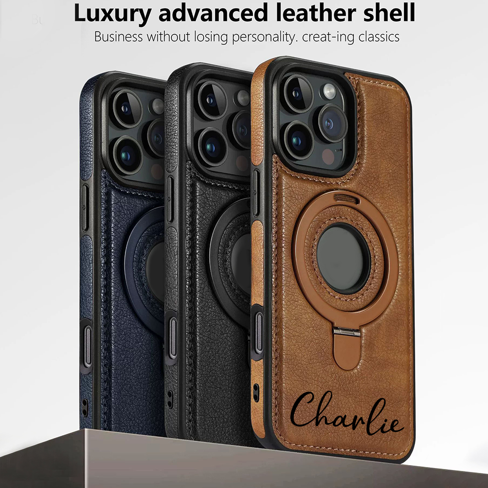 Personalized Leather Monogram Magnetic Phone Case with Magsafe & Kickstand | OFCase145