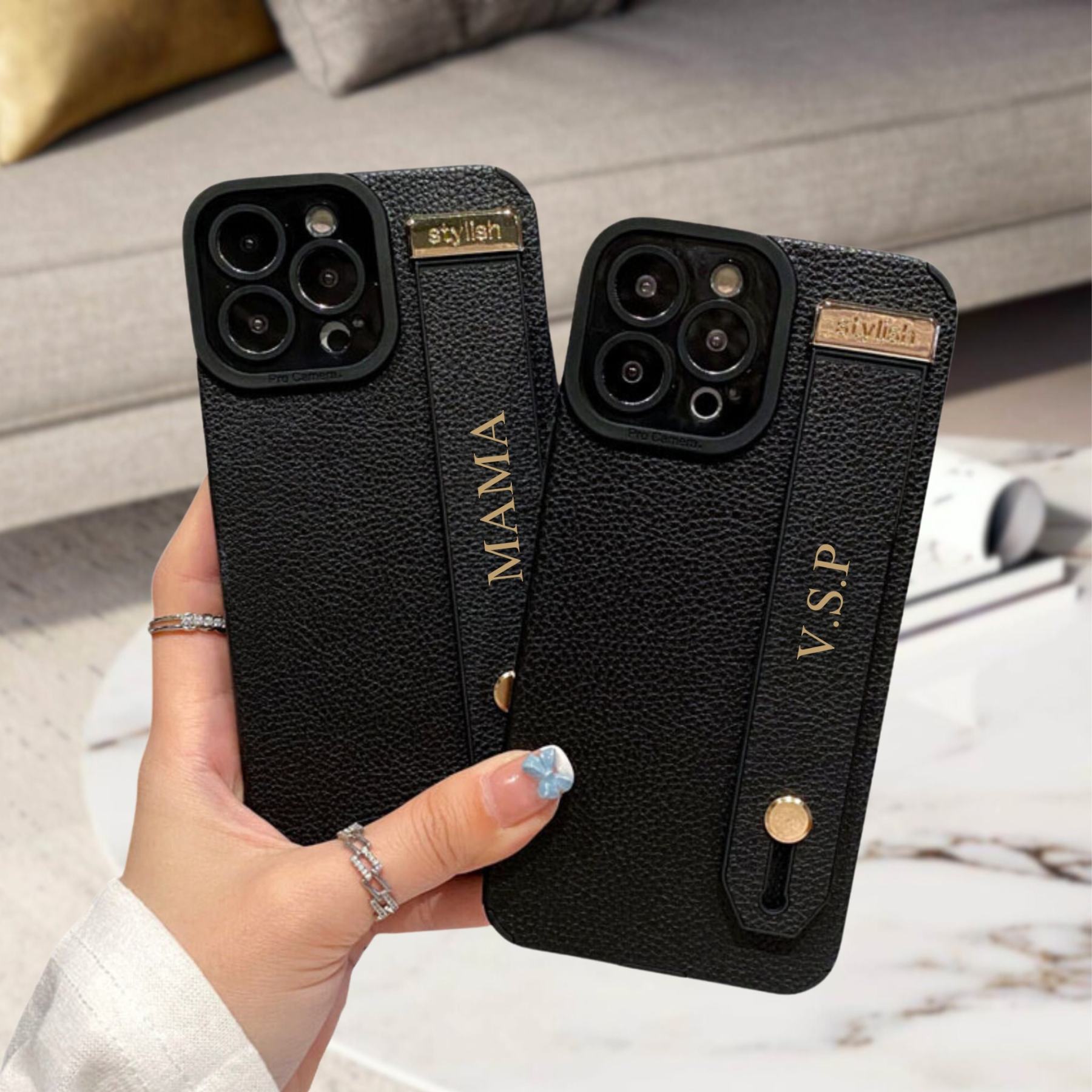 Personalised Monogram Name Leather Phone Case with Hand Strap | OFCase090