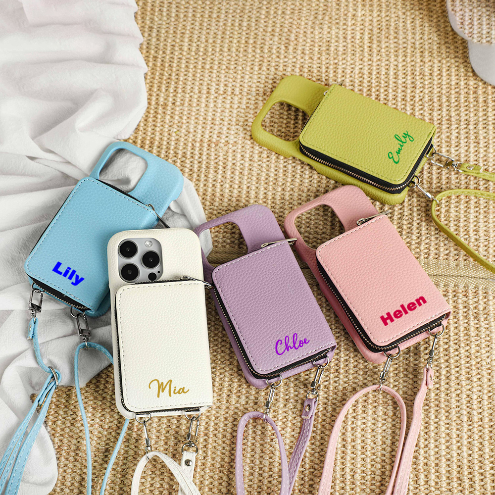 Personalized Leather Card Slot Phone Case with Crossbody Strap | OFCase143