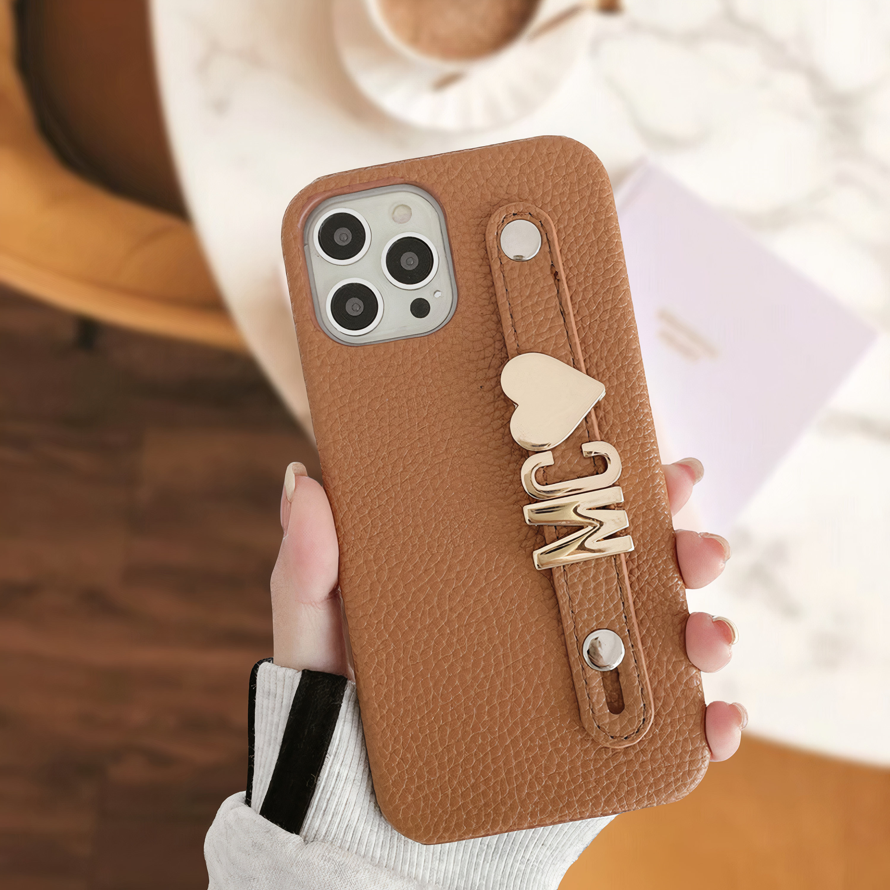 Personalized Monogram Leather Phone Case with Strap Gold Letters | OFCase095