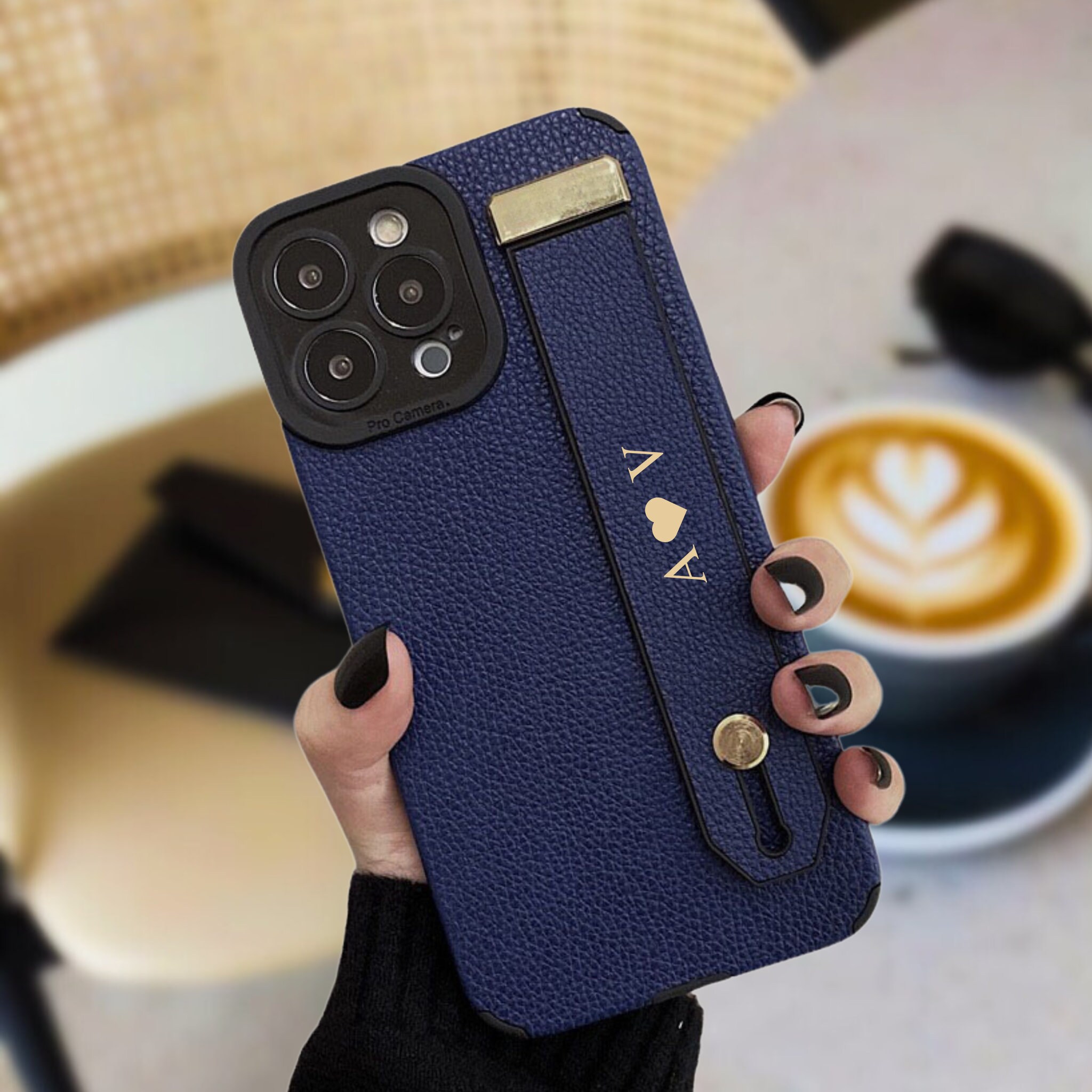 Personalised Monogram Name Leather Phone Case with Hand Strap | OFCase090