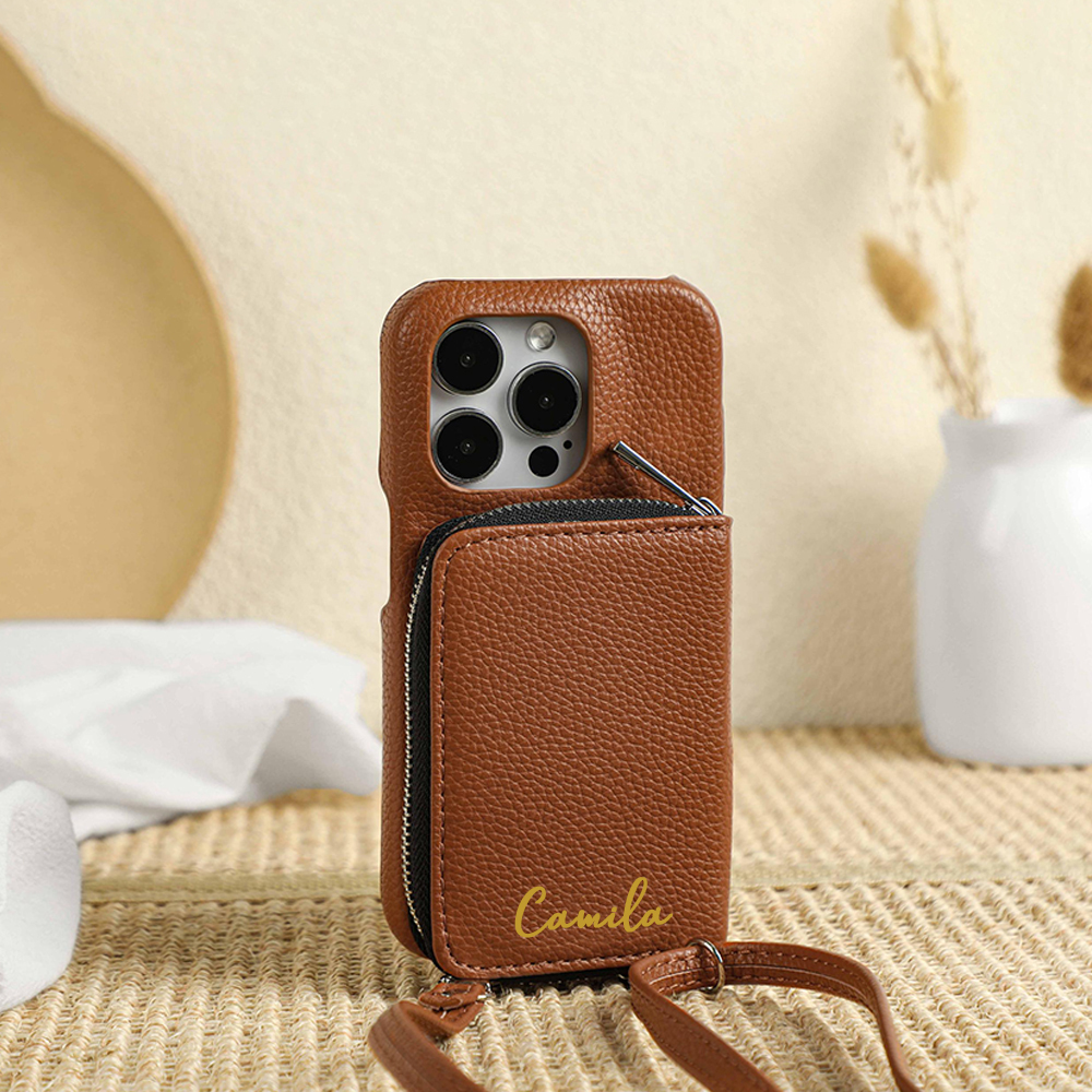 Personalized Leather Card Slot Phone Case with Crossbody Strap | OFCase143