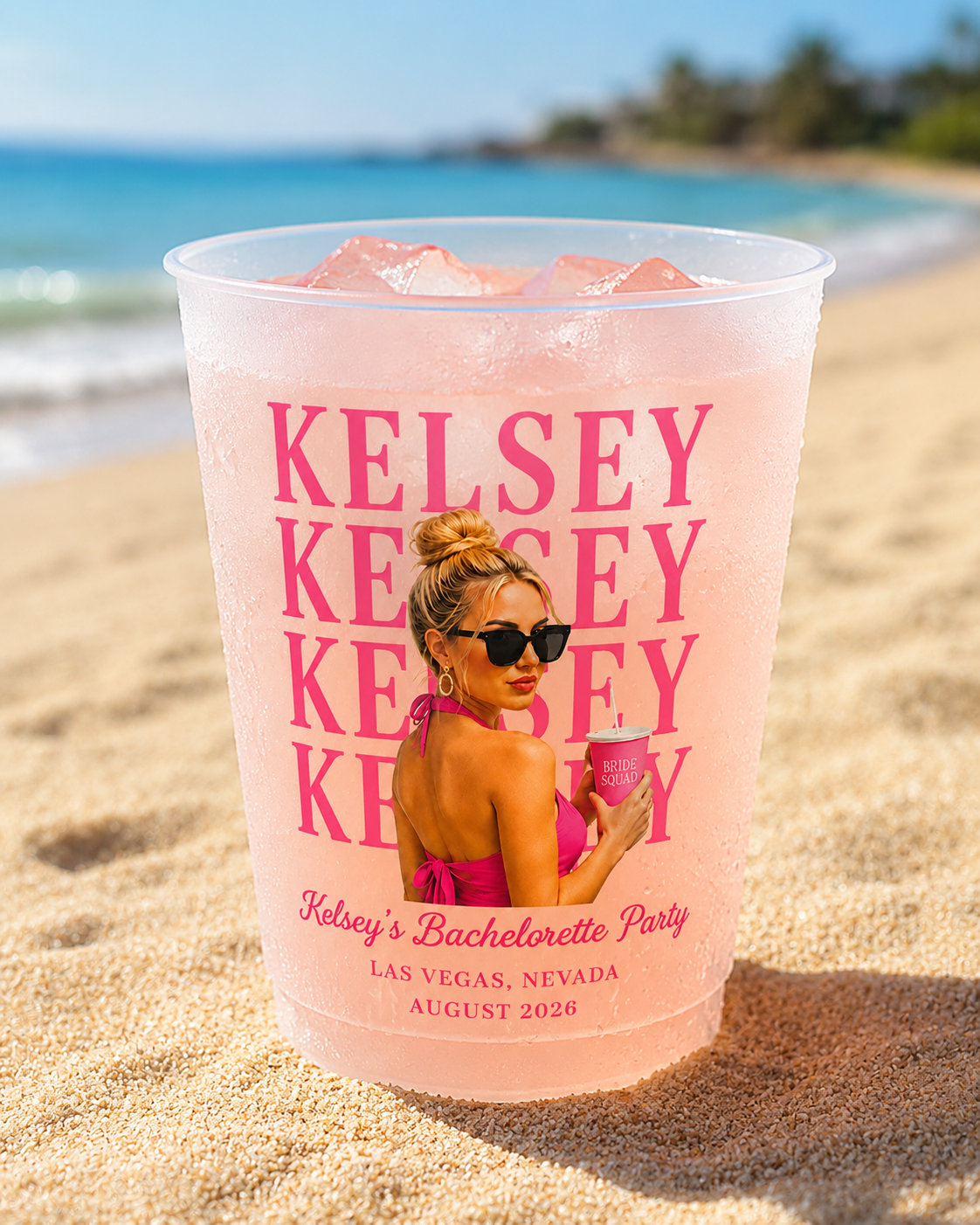 Personalized Birthday Photo Cups, Tropical Birthday Cups, Custom Frosted Plastic Cups, Beach Party Drinkware, Pool Party Favors, Summer Birthday Cups