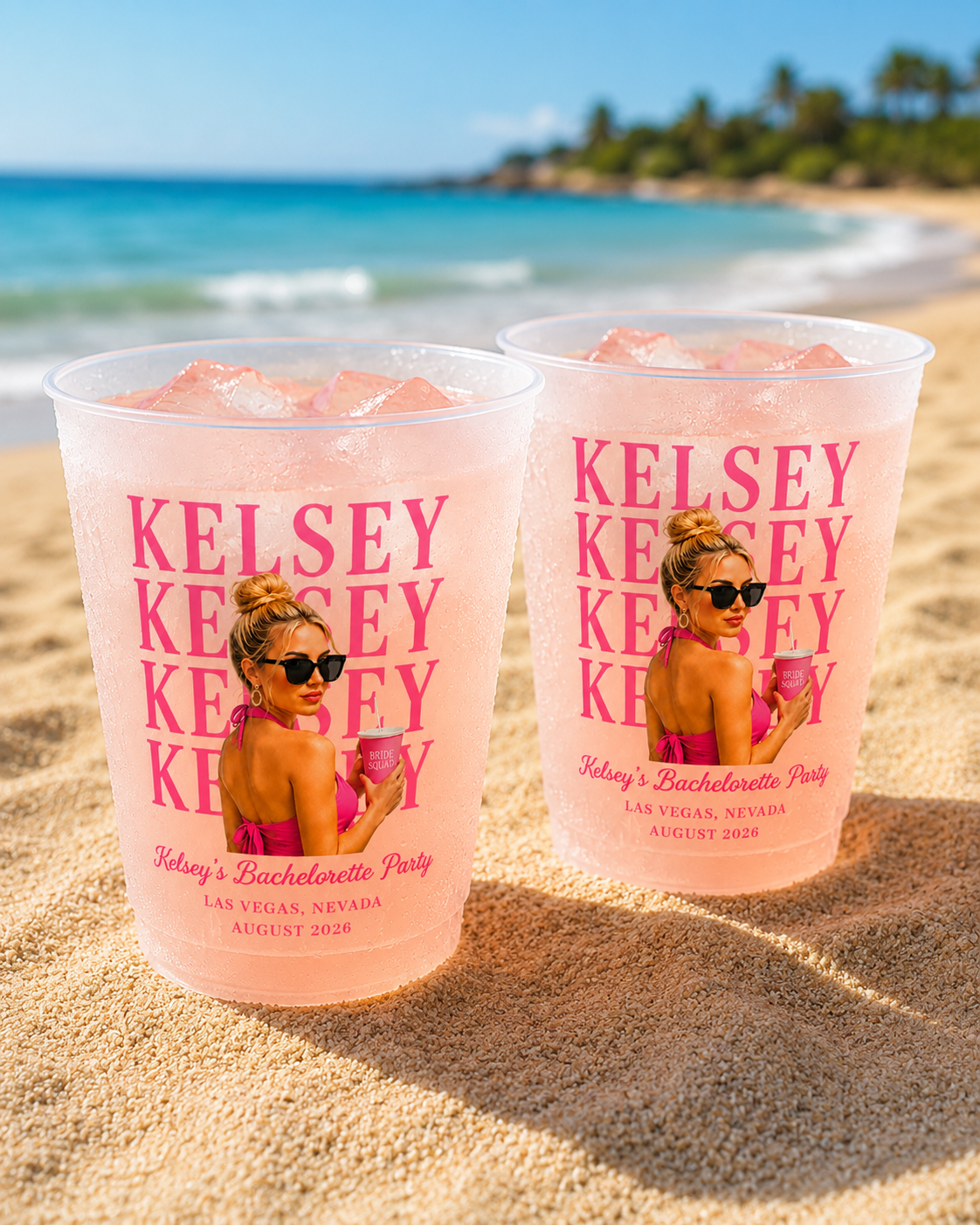 Personalized Birthday Photo Cups, Tropical Birthday Cups, Custom Frosted Plastic Cups, Beach Party Drinkware, Pool Party Favors, Summer Birthday Cups