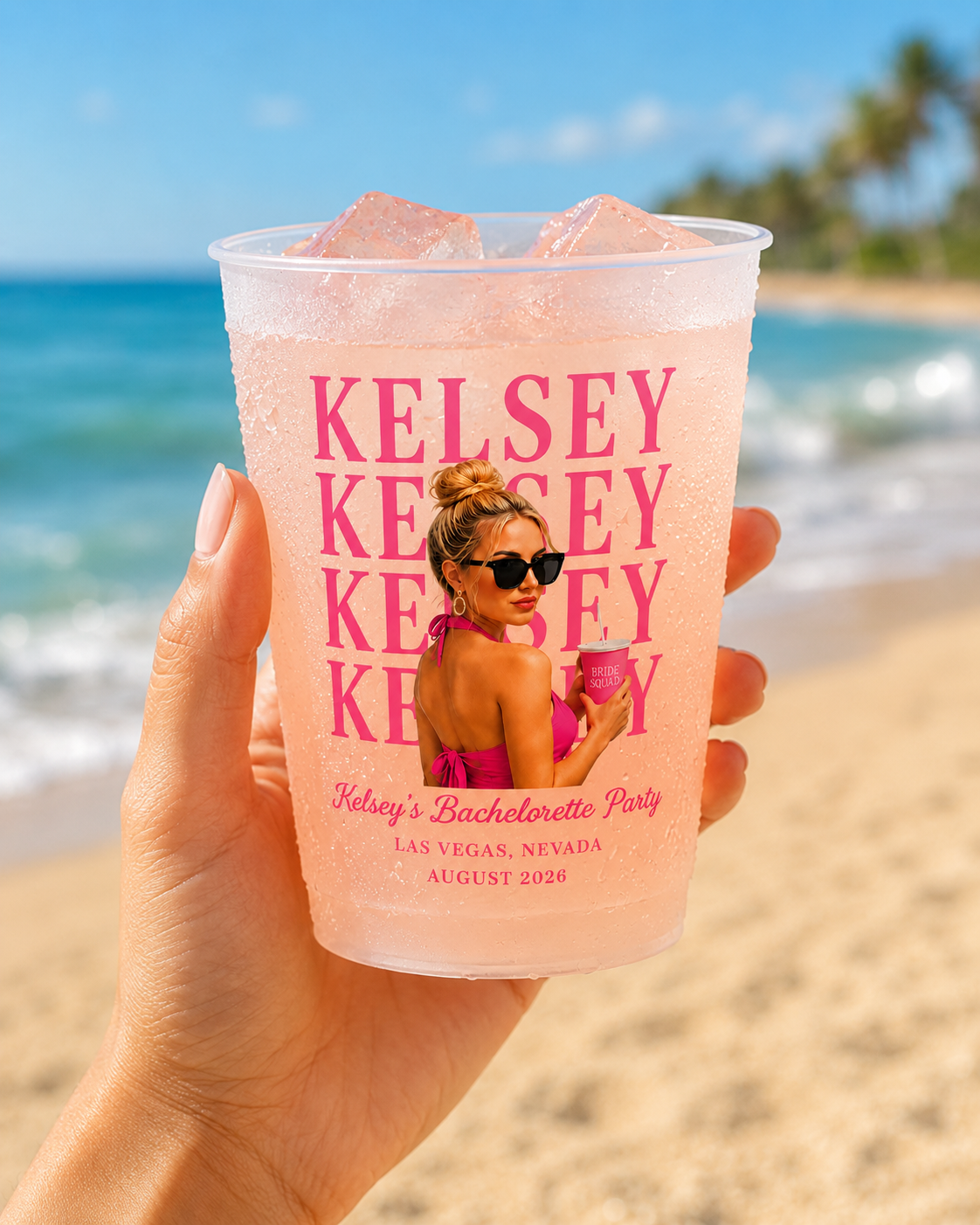 Personalized Birthday Photo Cups, Tropical Birthday Cups, Custom Frosted Plastic Cups, Beach Party Drinkware, Pool Party Favors, Summer Birthday Cups