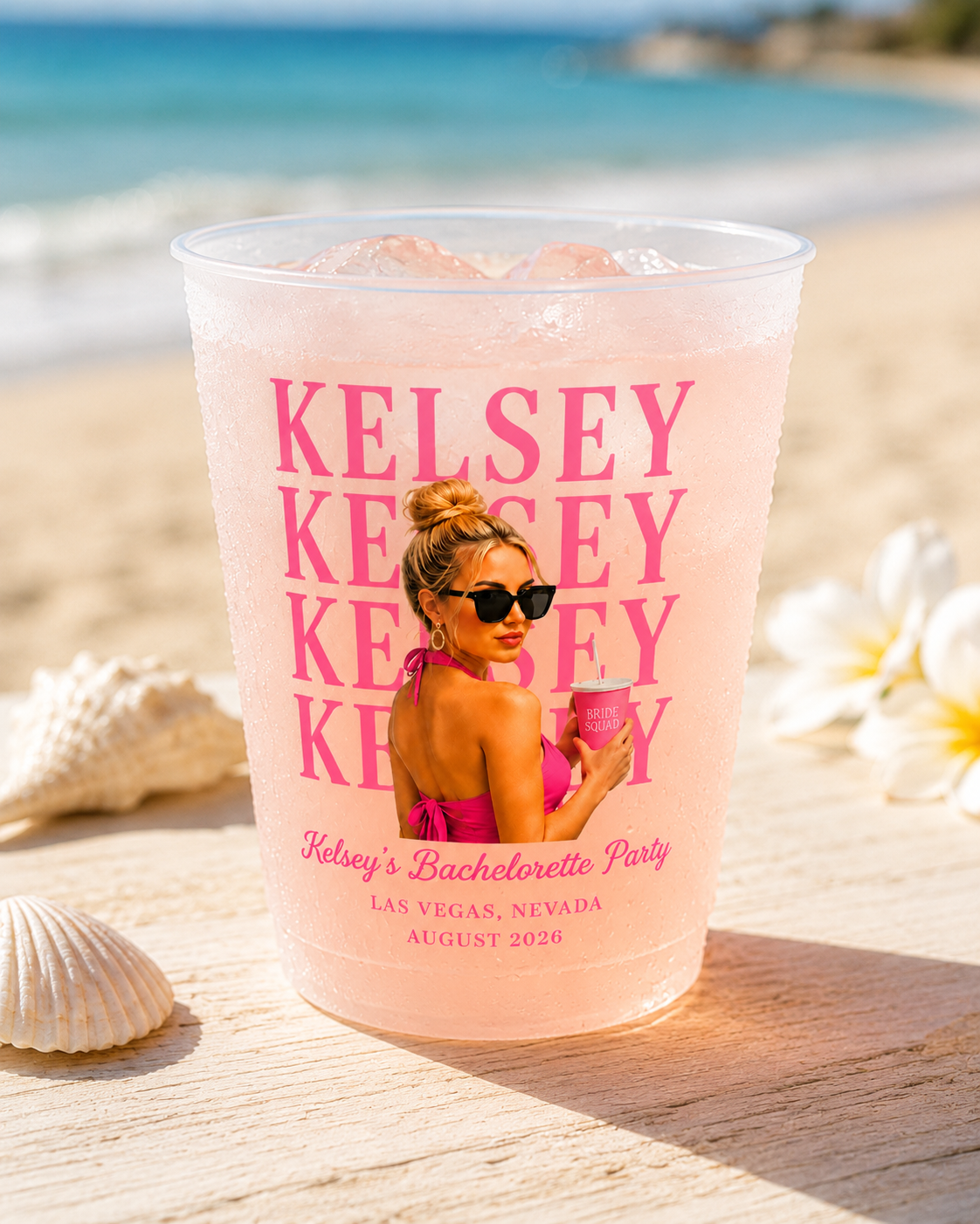 Personalized Birthday Photo Cups, Tropical Birthday Cups, Custom Frosted Plastic Cups, Beach Party Drinkware, Pool Party Favors, Summer Birthday Cups