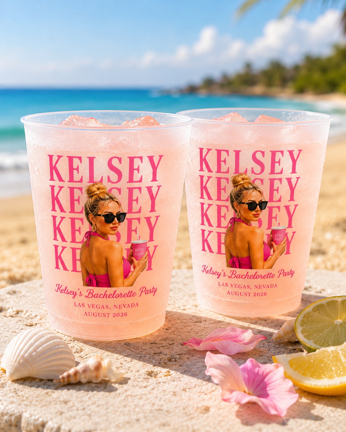 Personalized Birthday Photo Cups, Tropical Birthday Cups, Custom Frosted Plastic Cups, Beach Party Drinkware, Pool Party Favors, Summer Birthday Cups