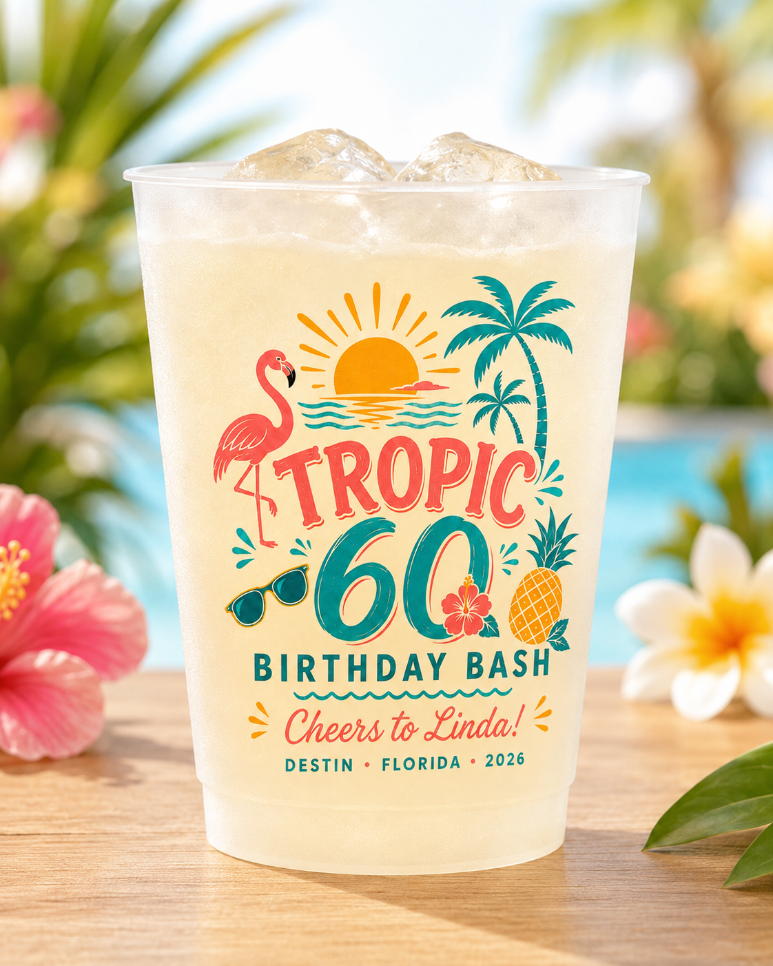 Personalized Birthday Photo Cups, Tropical Birthday Cups, Custom Frosted Plastic Cups, Beach Party Drinkware, Pool Party Favors, Summer Birthday Cups