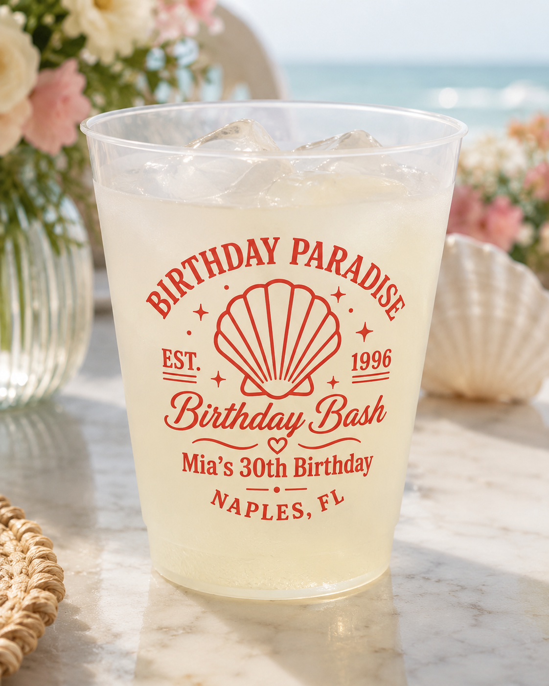 Personalized Birthday Photo Cups, Tropical Birthday Cups, Custom Frosted Plastic Cups, Beach Party Drinkware, Pool Party Favors, Summer Birthday Cups