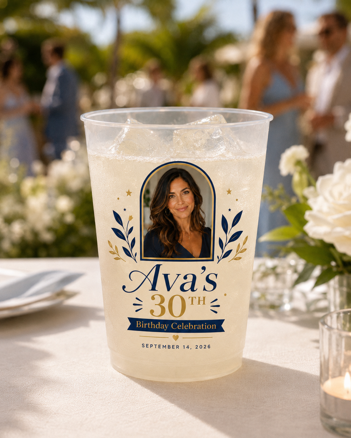 Personalized Birthday Photo Cups, Tropical Birthday Cups, Custom Frosted Plastic Cups, Beach Party Drinkware, Pool Party Favors, Summer Birthday Cups