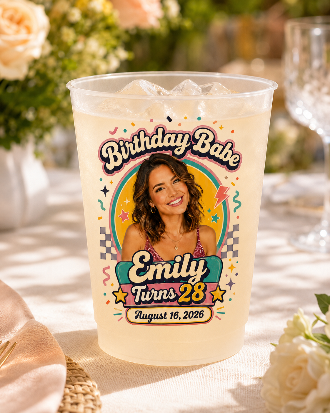 Personalized Birthday Photo Cups, Tropical Birthday Cups, Custom Frosted Plastic Cups, Beach Party Drinkware, Pool Party Favors, Summer Birthday Cups
