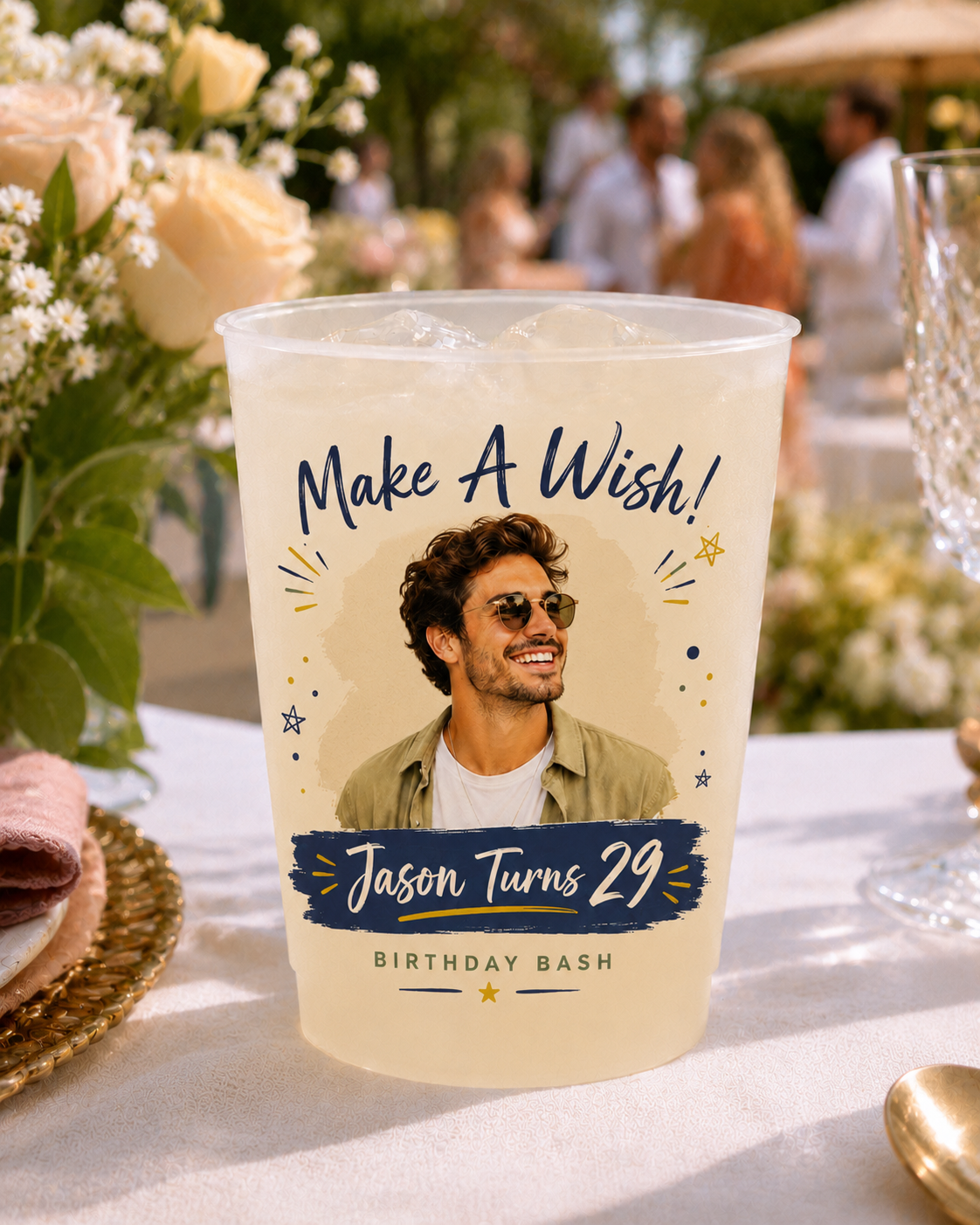 Personalized Birthday Photo Cups, Tropical Birthday Cups, Custom Frosted Plastic Cups, Beach Party Drinkware, Pool Party Favors, Summer Birthday Cups
