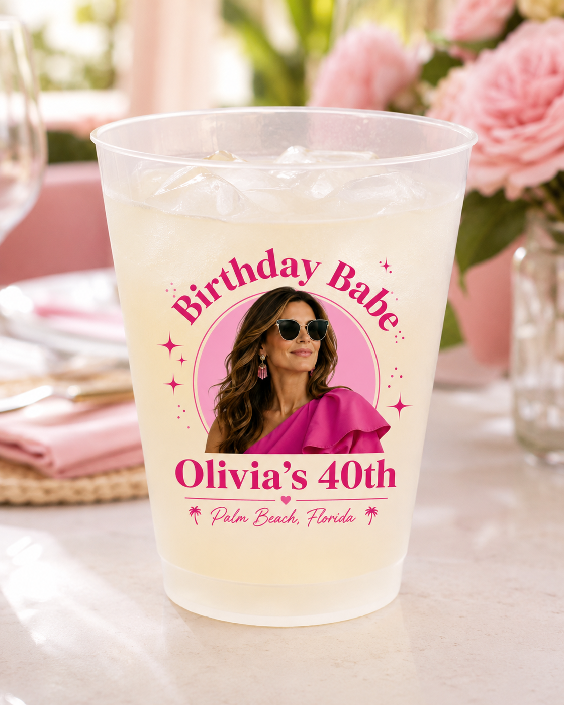 Personalized Birthday Photo Cups, Tropical Birthday Cups, Custom Frosted Plastic Cups, Beach Party Drinkware, Pool Party Favors, Summer Birthday Cups