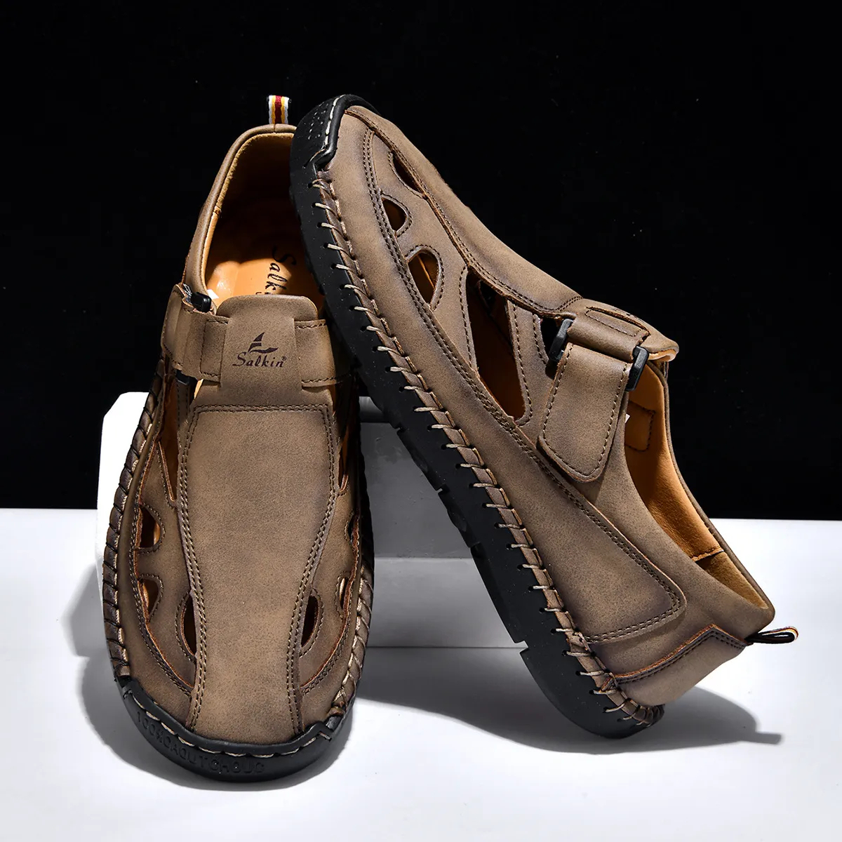 ⏰LAST DAY-70% OFF🛒Men's Adjustable Strap Leather Slides – Comfortable for Daily & Beach