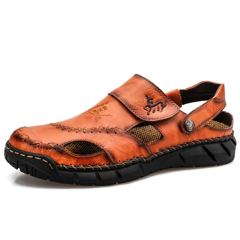 2026 New Summer Men's Genuine Leather Stitched Sandals & Slides